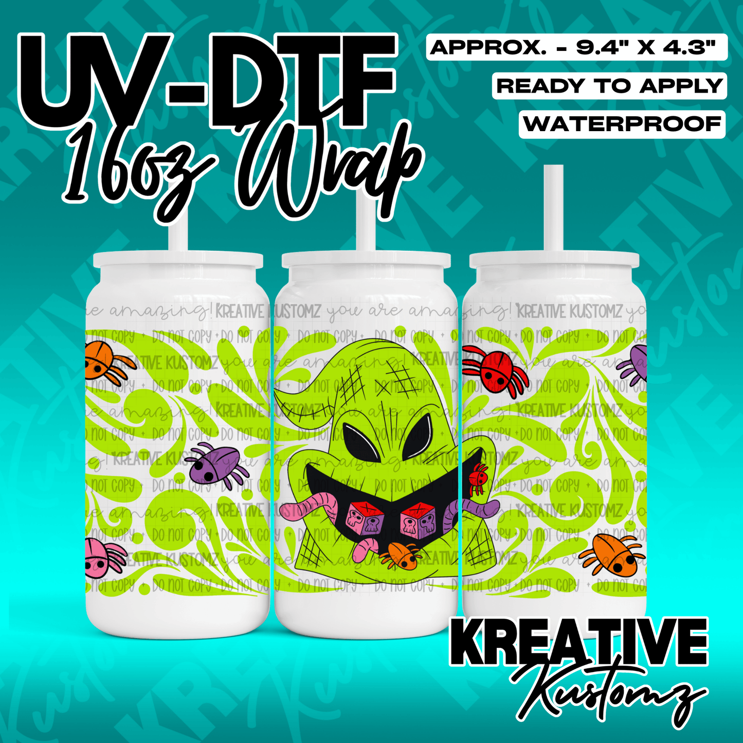 A UV DTF wrap for a 16oz glass can featuring a green character with dice and colorful bugs.