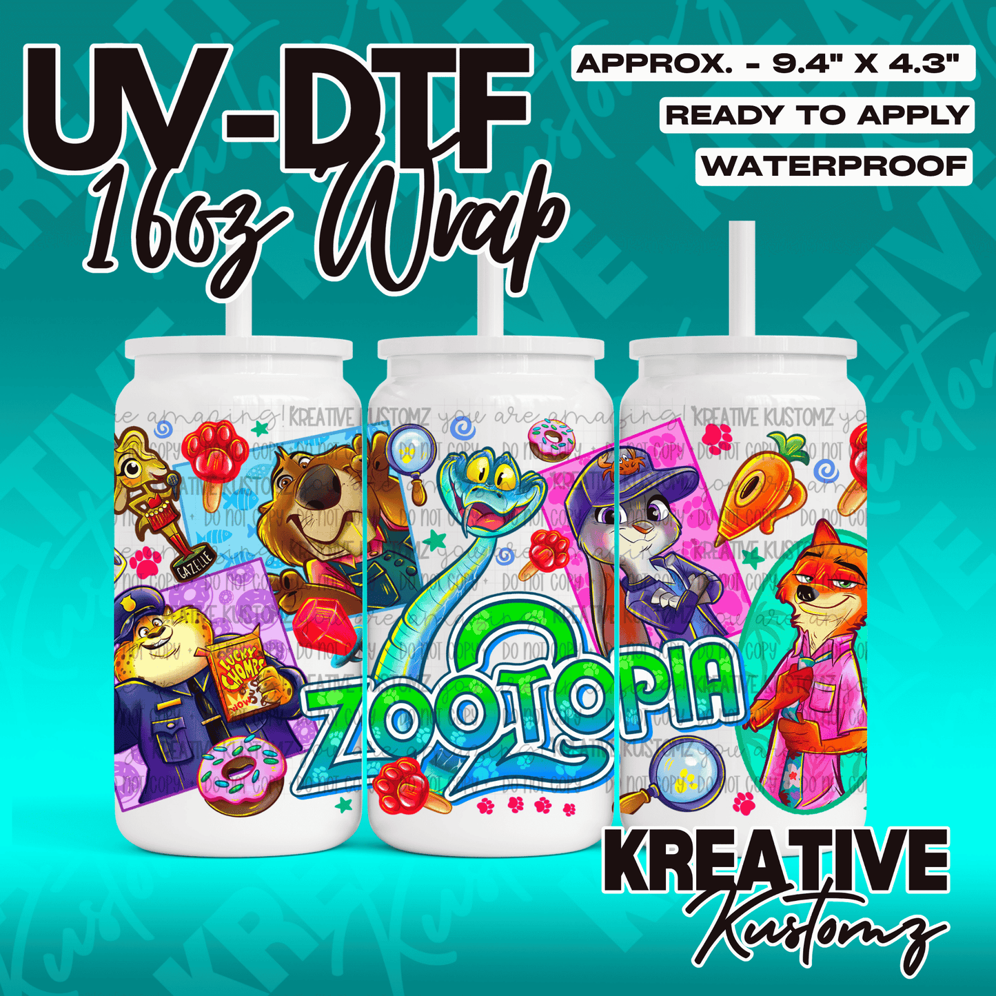 A Zootopia themed UV DTF adhesive wrap for 16oz glass cans featuring various movie characters.