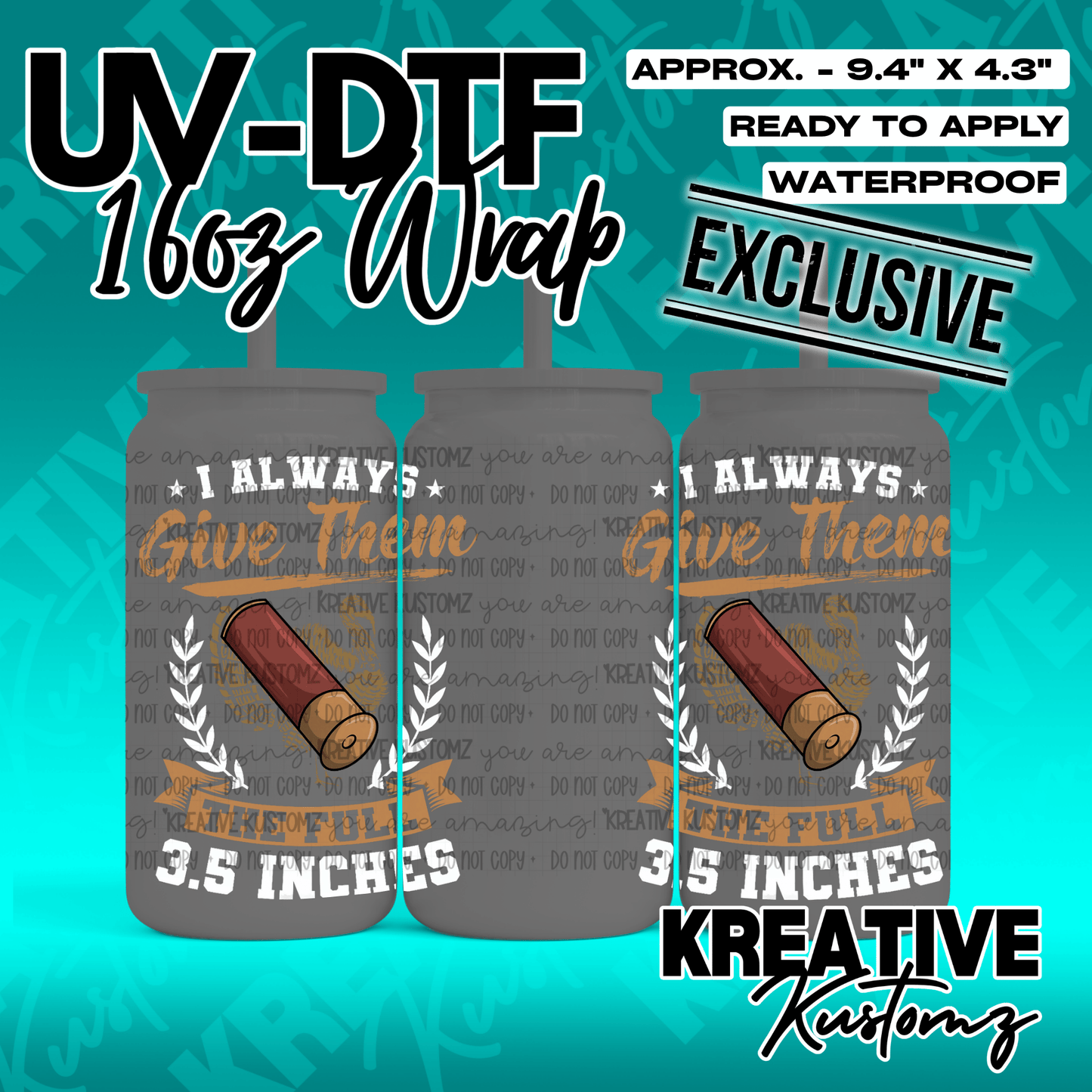 A UV DTF adhesive wrap for 16oz glass cups featuring a shotgun shell design and text.