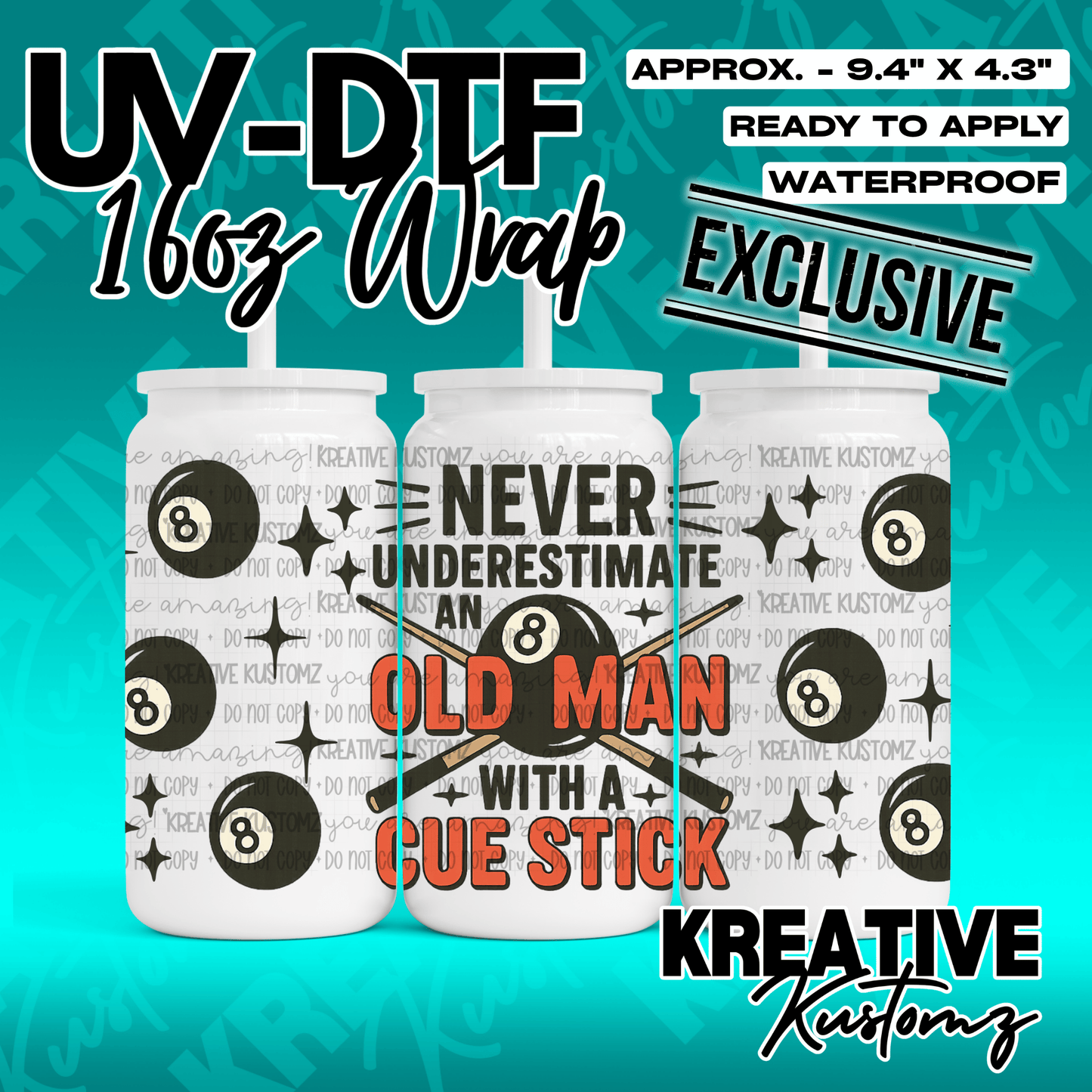 A UV DTF adhesive wrap for 16oz glass cans featuring an eight ball and billiards theme.