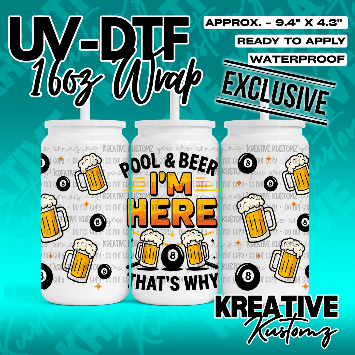 A UV DTF wrap for a 16oz glass can featuring a pool and beer theme with an eight ball design.