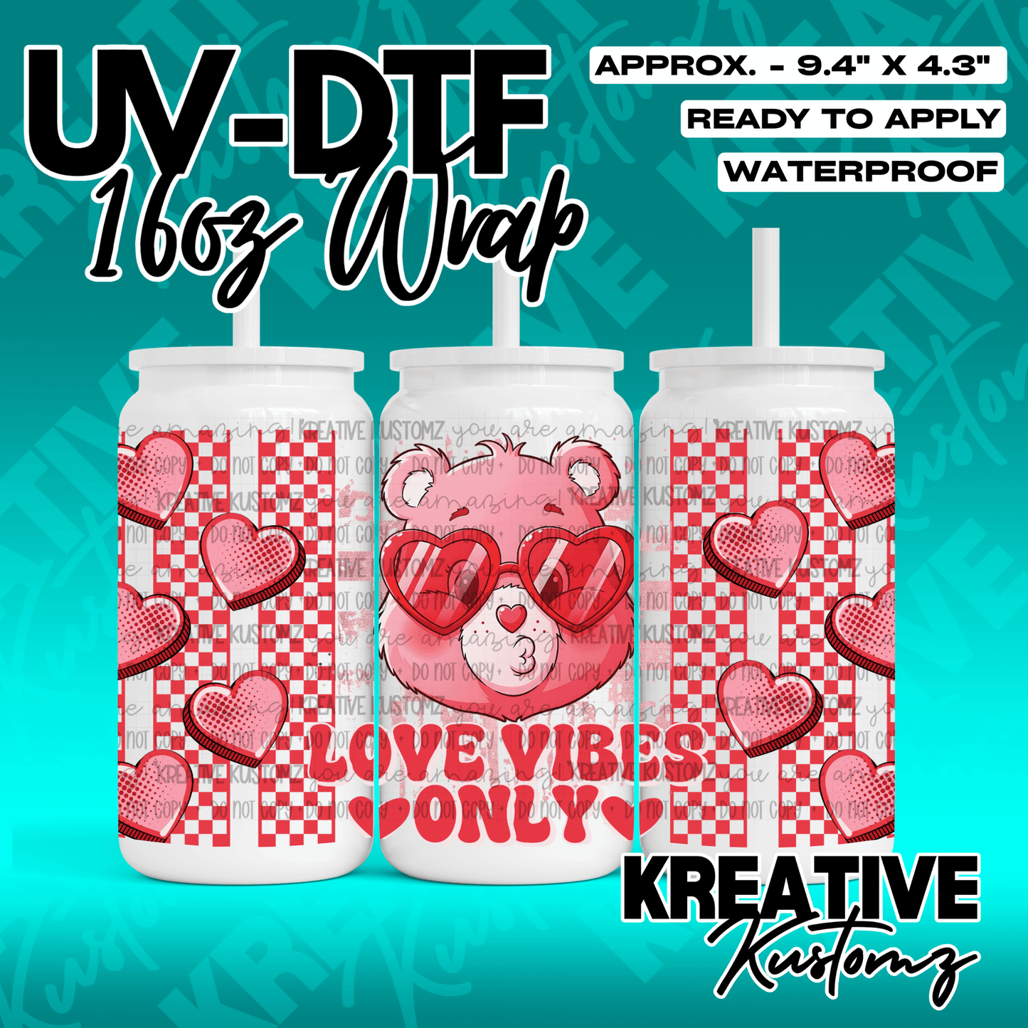 A UV DTF adhesive wrap for 16oz glass cans featuring a pink bear with heart glasses and hearts.