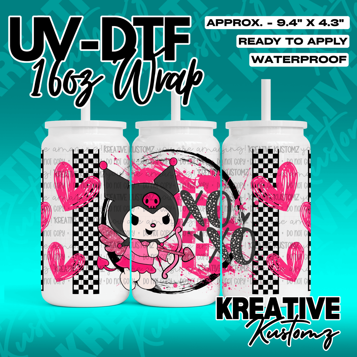 A Kuromi themed UV DTF wrap for a 16oz glass can featuring hearts and checkered patterns.
