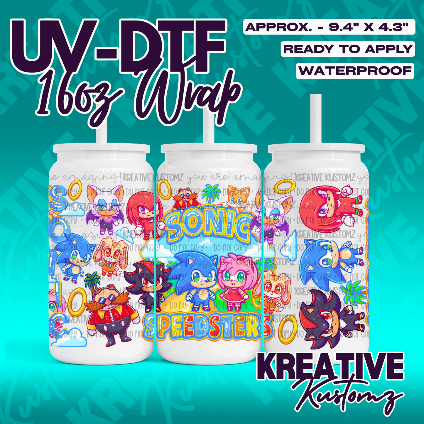 A UV DTF adhesive wrap featuring various Sonic the Hedgehog characters for 16oz glass cans.