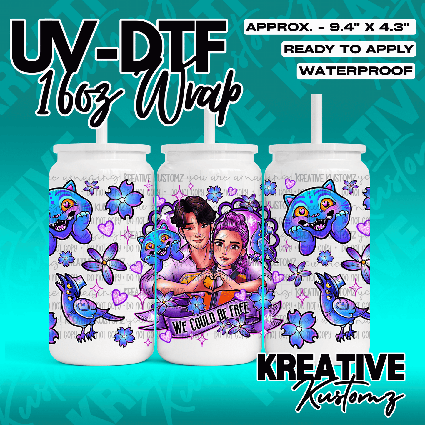 A UV DTF wrap decal for a 16oz glass can featuring a couple, blue creatures, and floral designs.