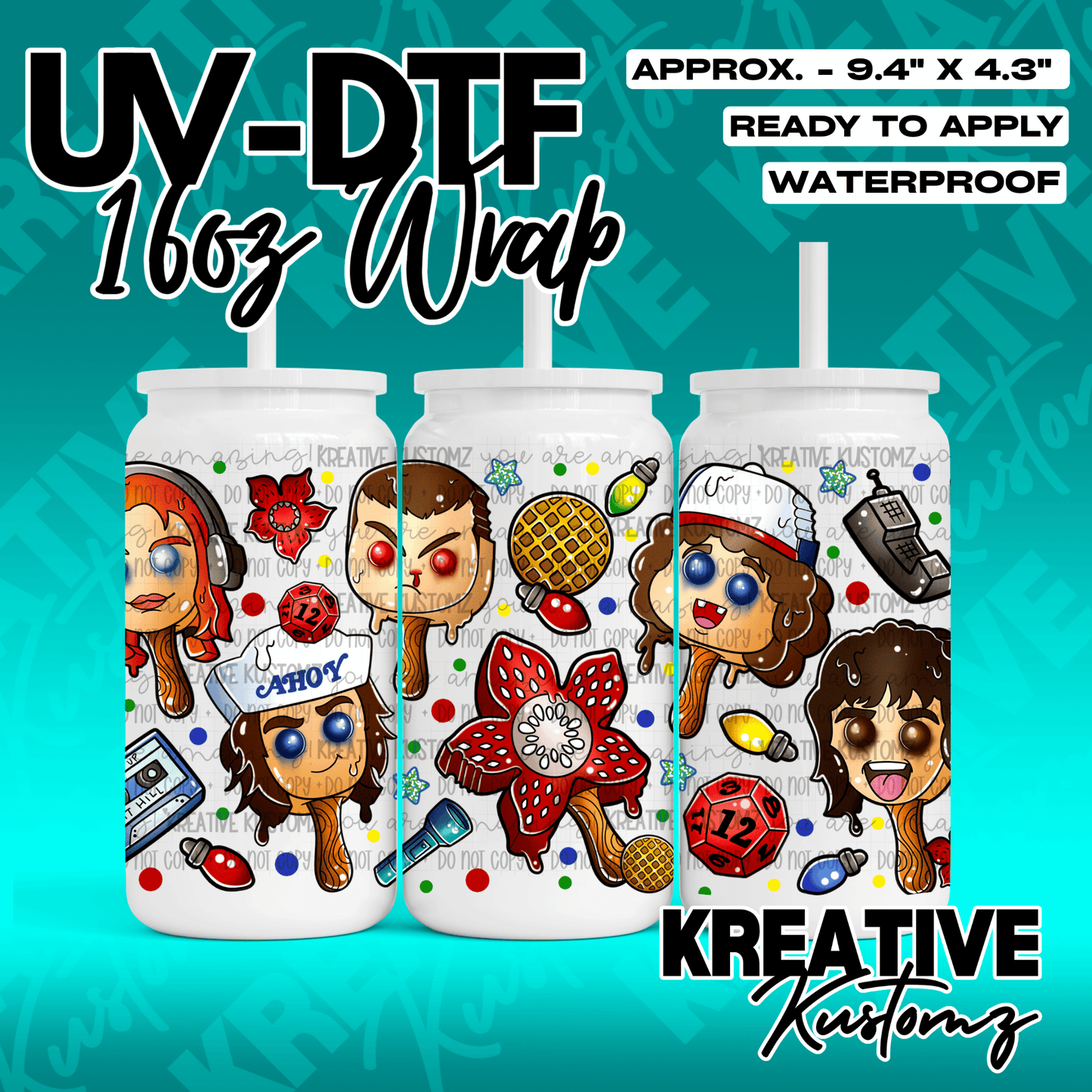 A UV DTF adhesive wrap for 16oz glass cans featuring a Stranger Things popsicle pattern.