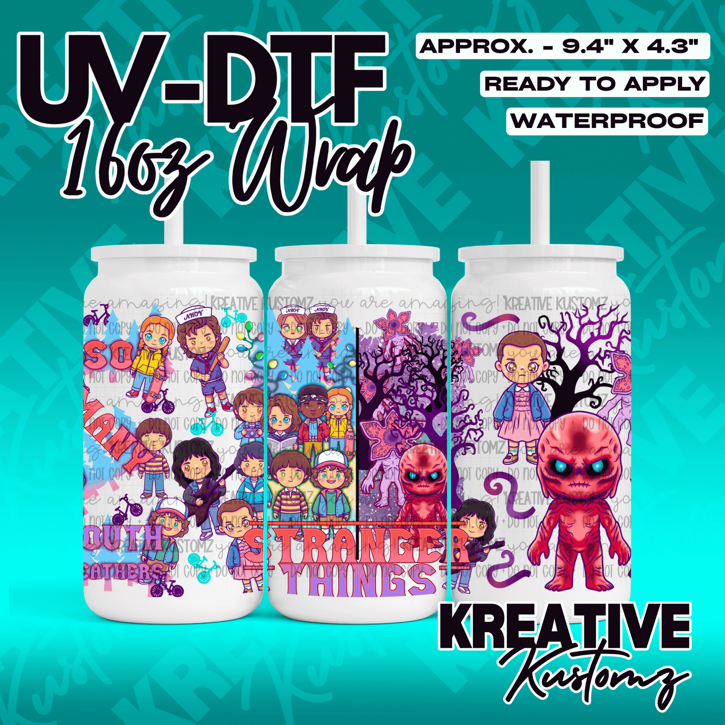 A Stranger Things themed UV DTF adhesive wrap for a 16oz glass cup.