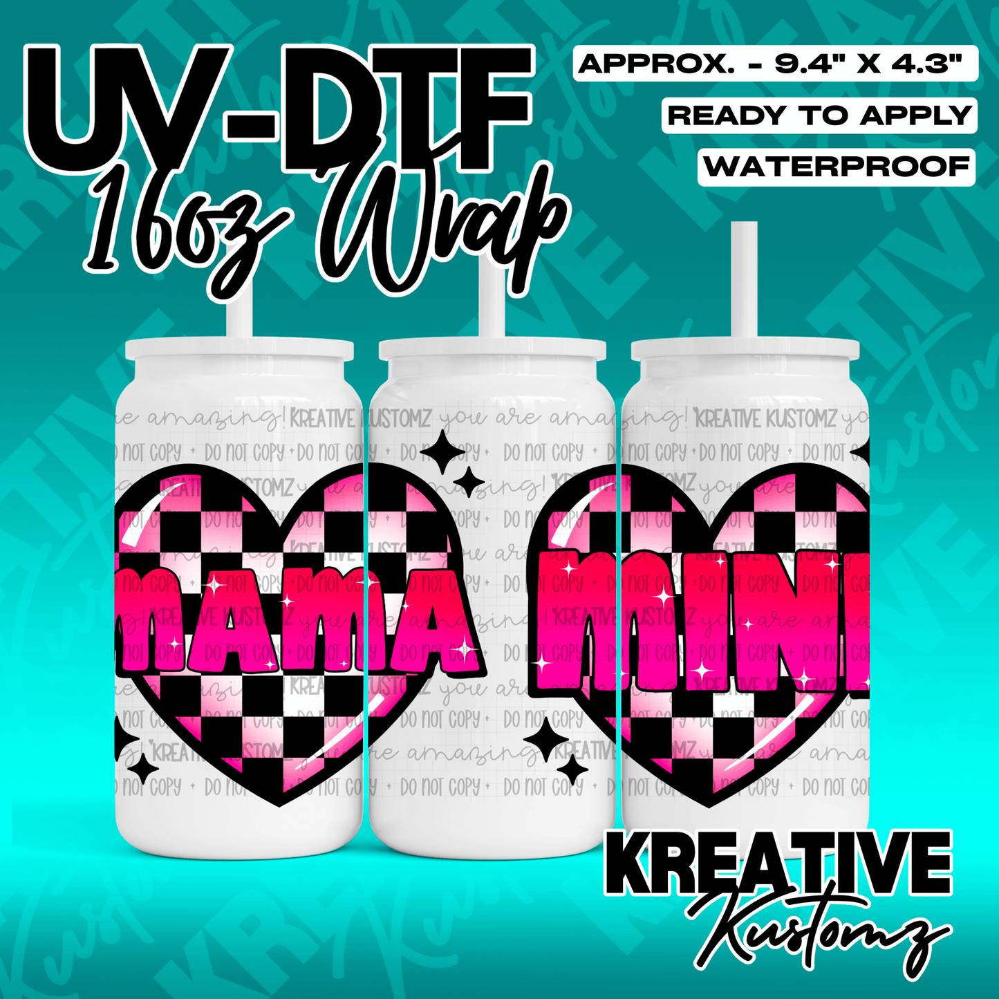 A UV DTF adhesive wrap for 16oz glass cans featuring pink and black checkered heart designs.