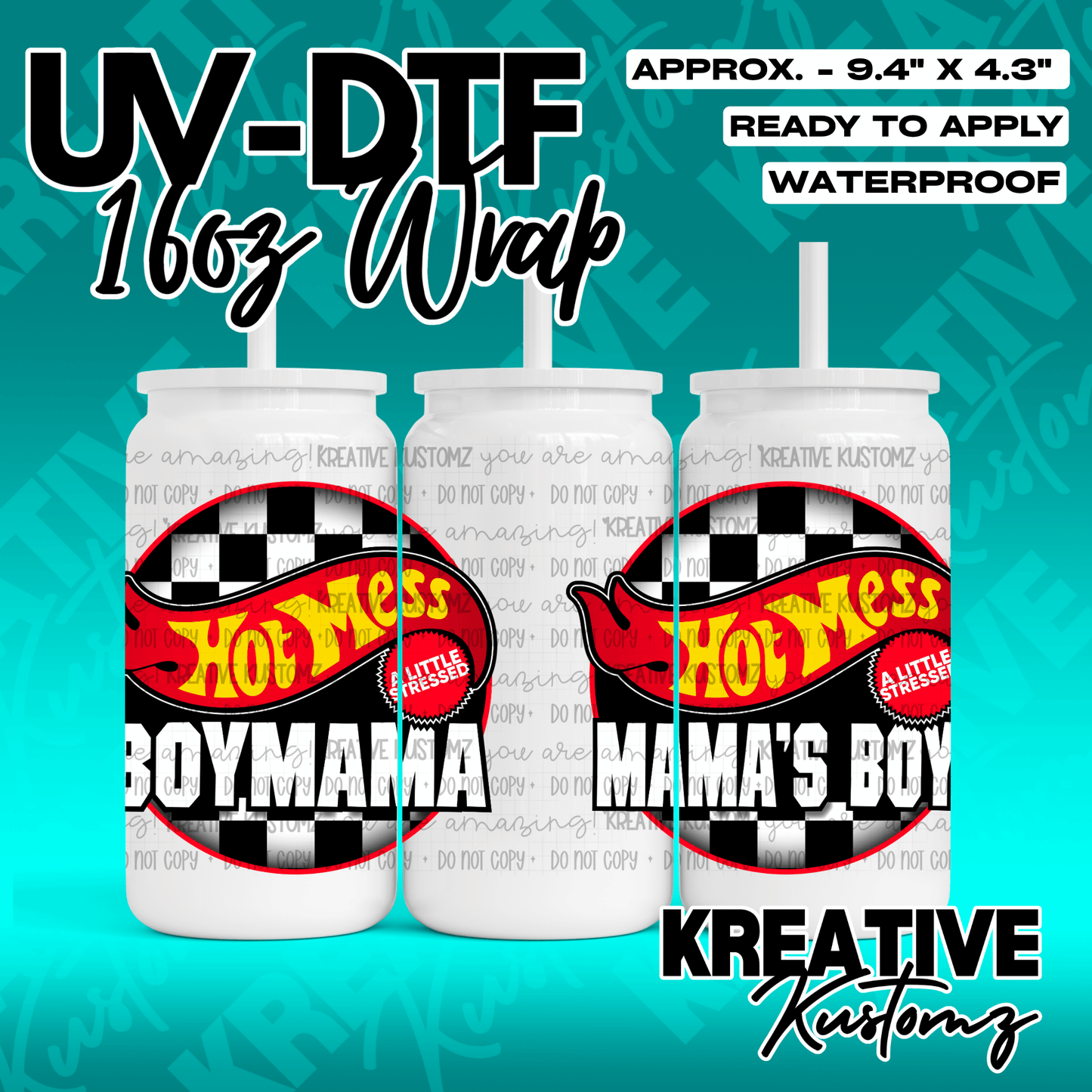 Two UV DTF cup wraps featuring a Hot Wheels style logo that says Hot Mess Boy Mama and Mama's Boy.