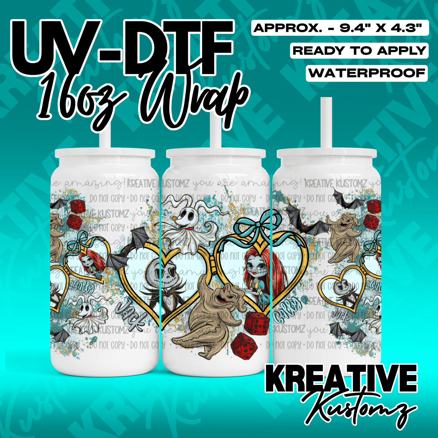 A Nightmare Before Christmas themed UV DTF adhesive wrap for 16oz glass cans.