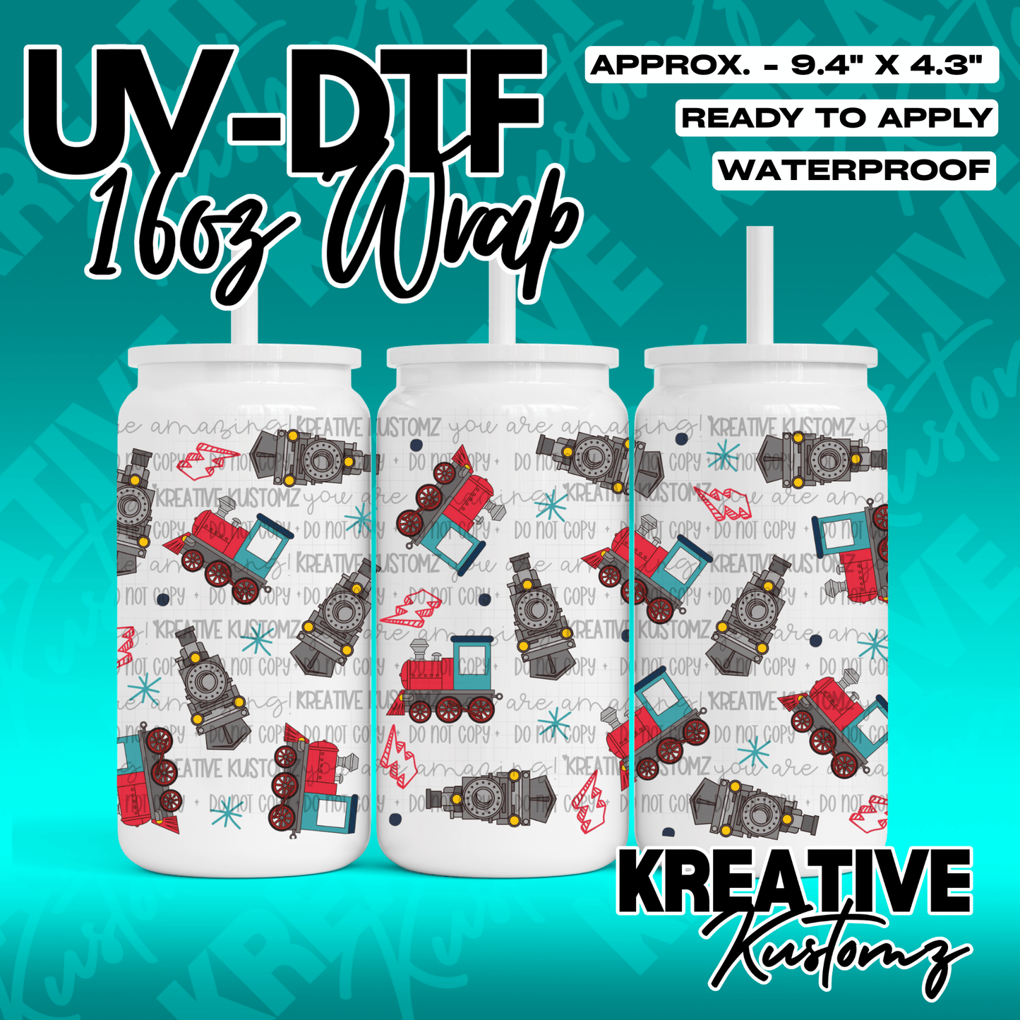 A UV DTF cup wrap featuring a pattern of red and black trains on a white background.