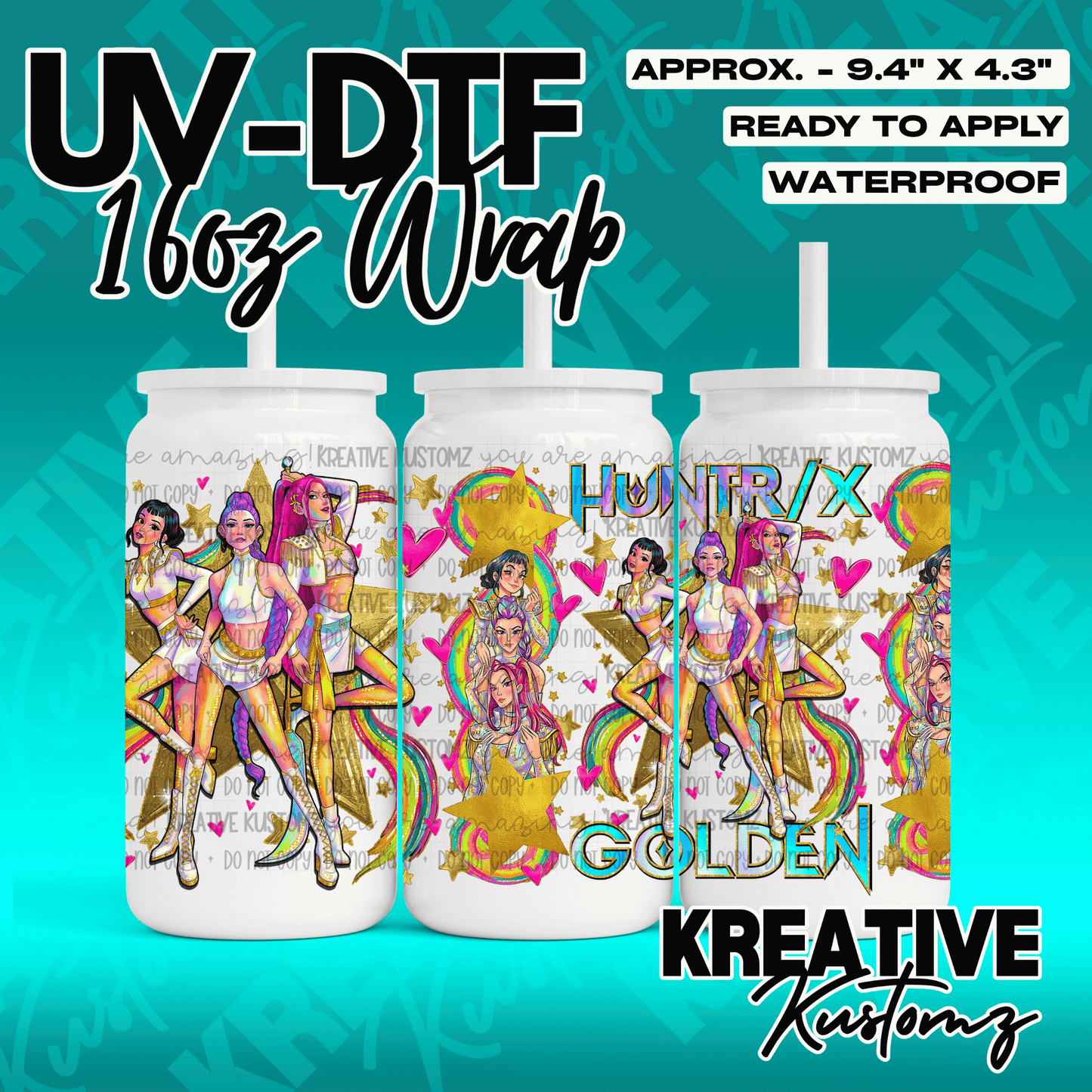 A UV DTF adhesive wrap for 16oz glass cans featuring a colorful illustration of three women.
