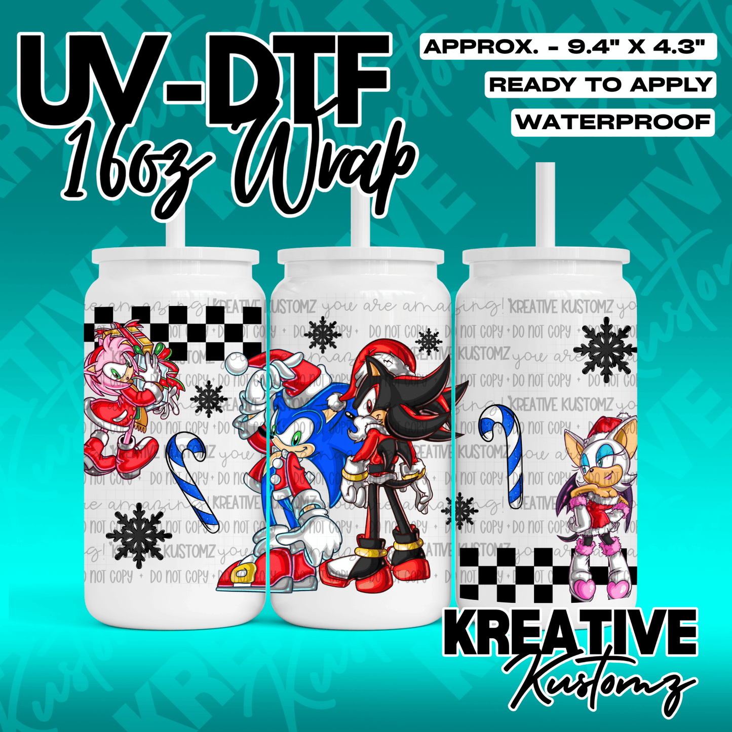 A Christmas-themed UV DTF cup wrap featuring Sonic the Hedgehog characters on a glass can.