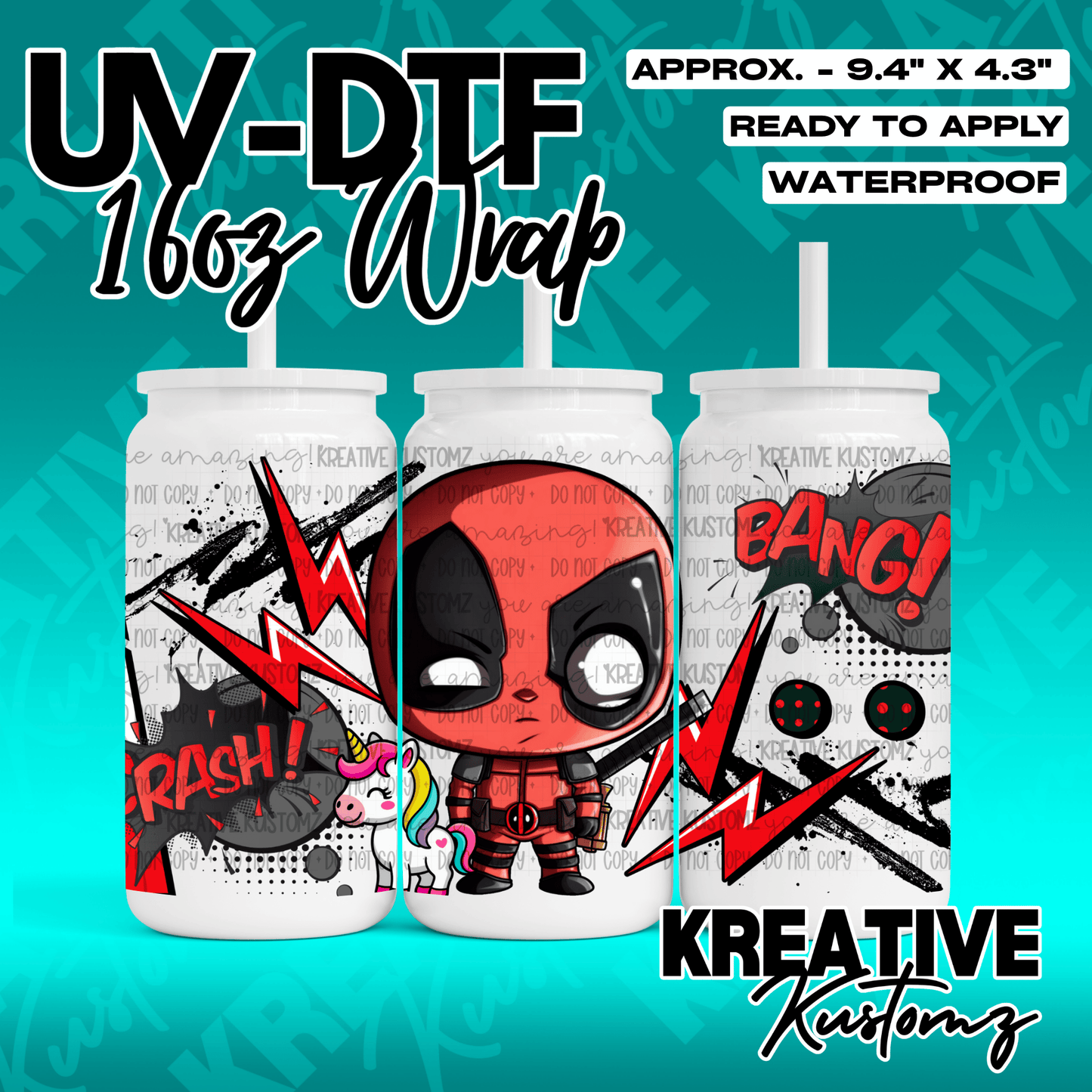 A 16oz glass can wrap featuring a Deadpool and unicorn comic book design.