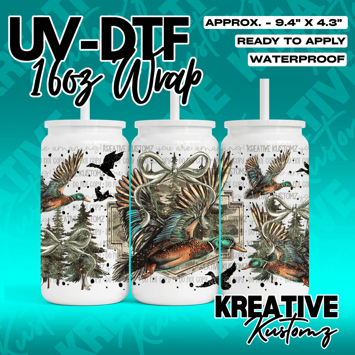 A UV DTF cup wrap featuring mallard ducks, pine trees, and bows for a 16oz glass can.
