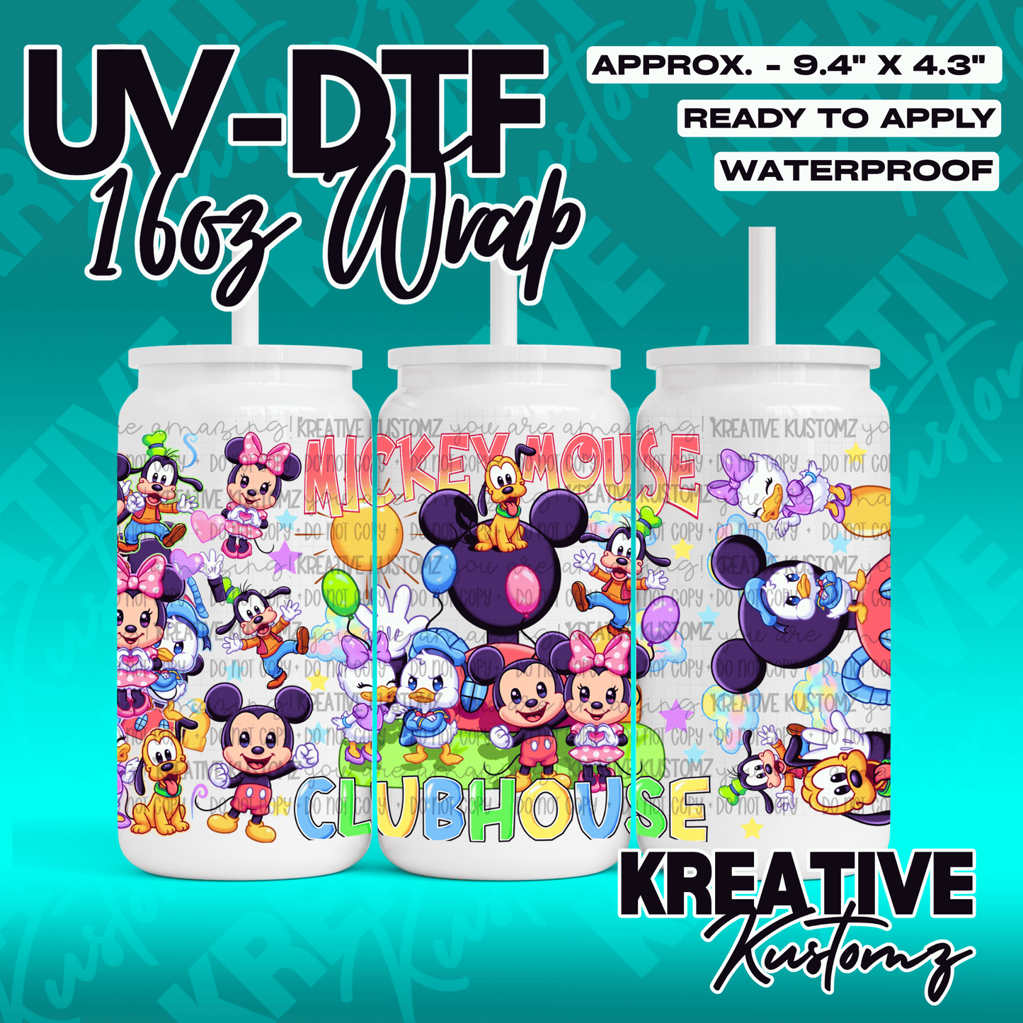 A Mickey Mouse Clubhouse themed UV DTF adhesive wrap for 16oz glass cans.