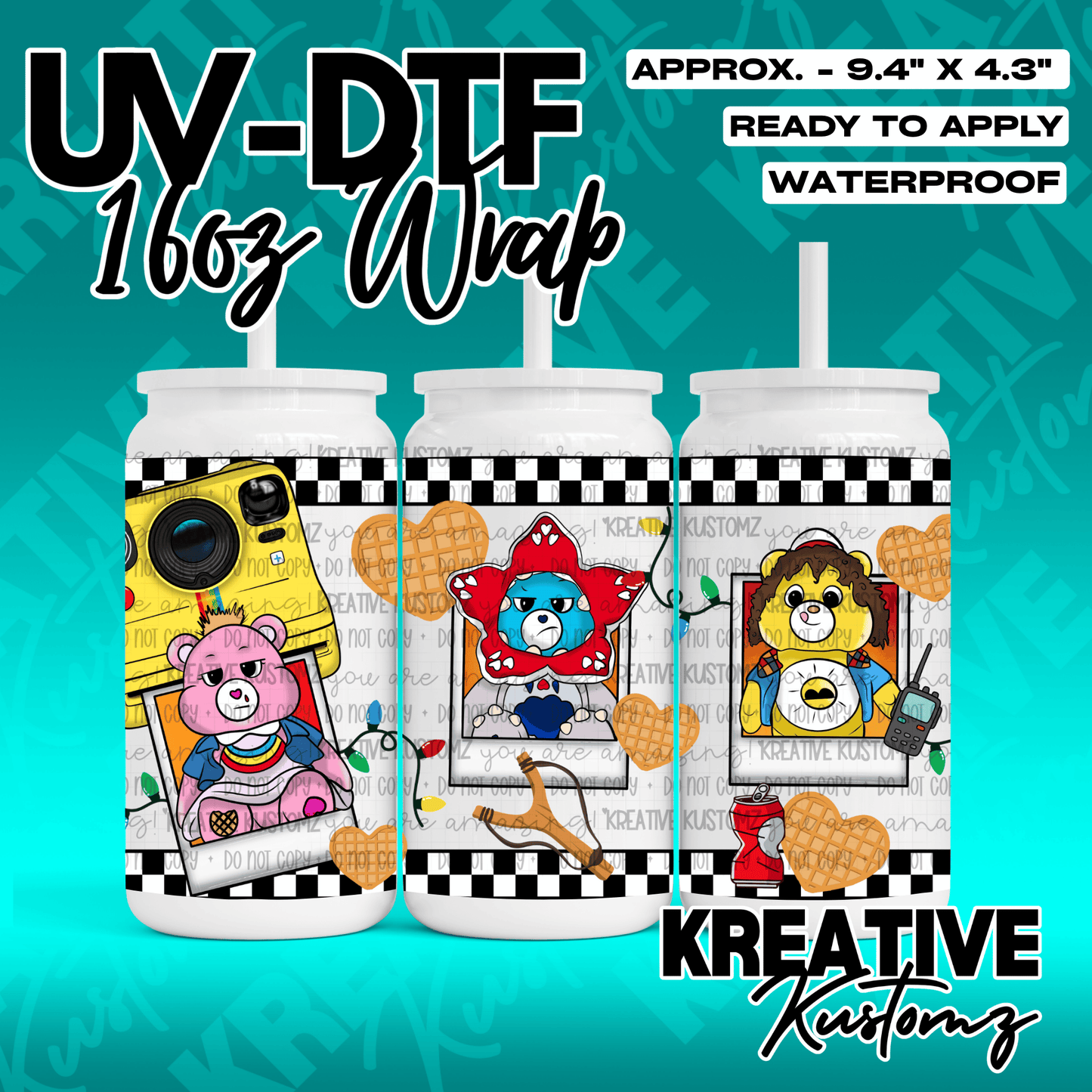 A Stranger Things themed UV DTF wrap for 16oz glass cans featuring Care Bears and show motifs.