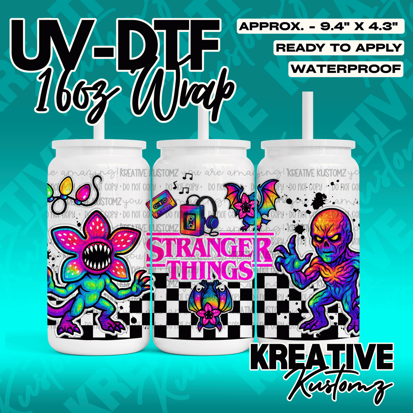 A Stranger Things themed UV DTF adhesive wrap for 16oz glass cans featuring colorful monsters.