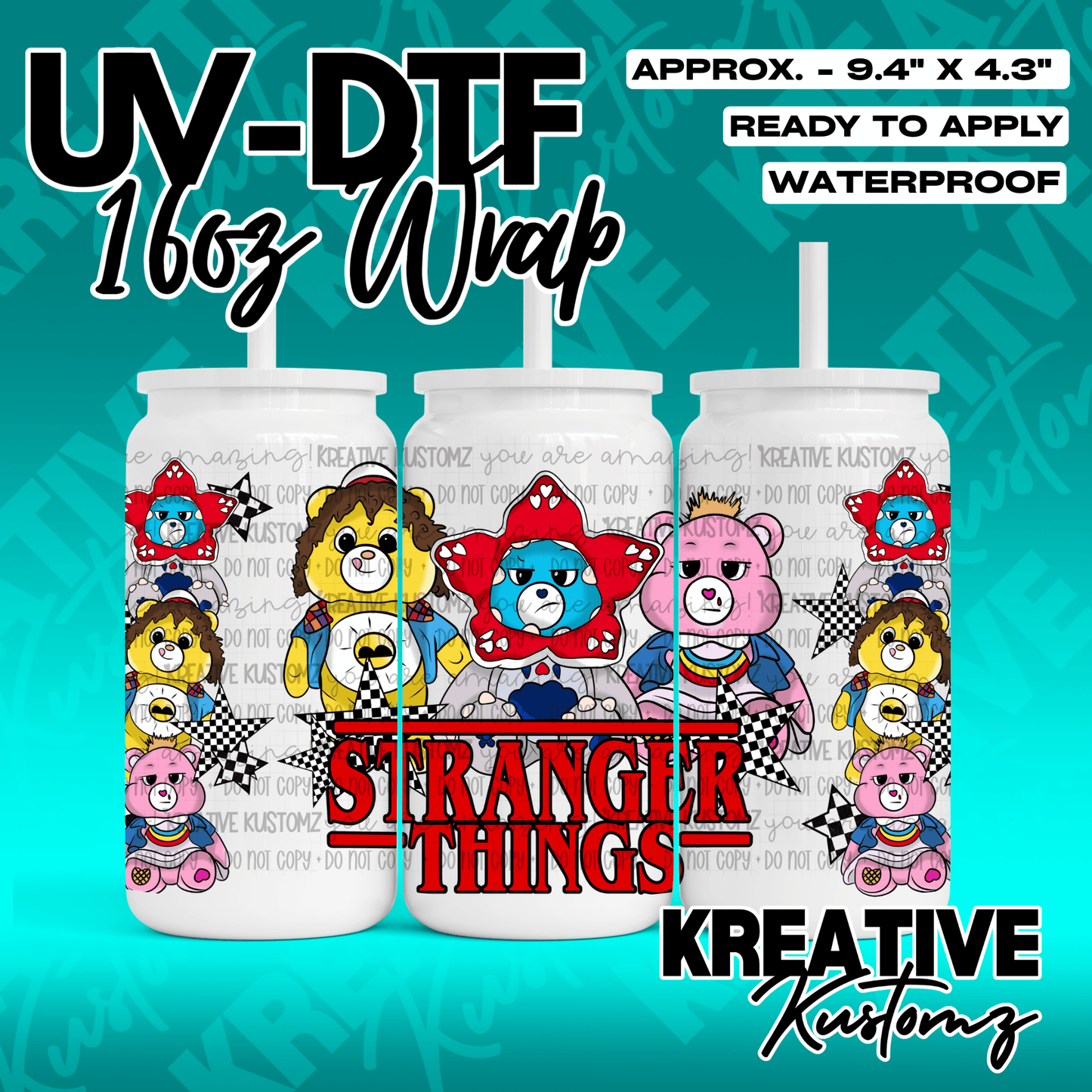 A Stranger Things themed UV DTF adhesive wrap featuring cartoon bears for 16oz glass cans.
