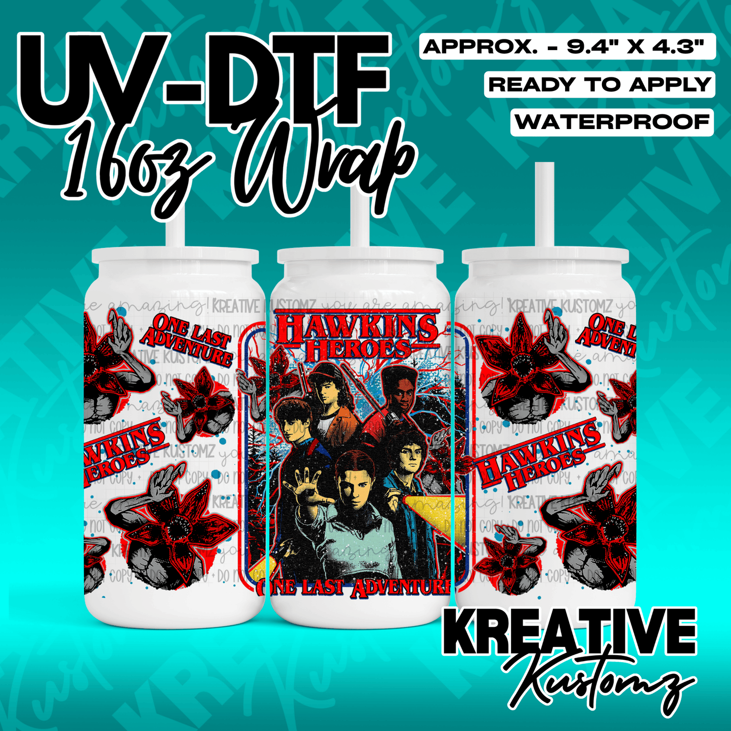 A Stranger Things themed UV DTF adhesive wrap for 16oz glass cans featuring character artwork.
