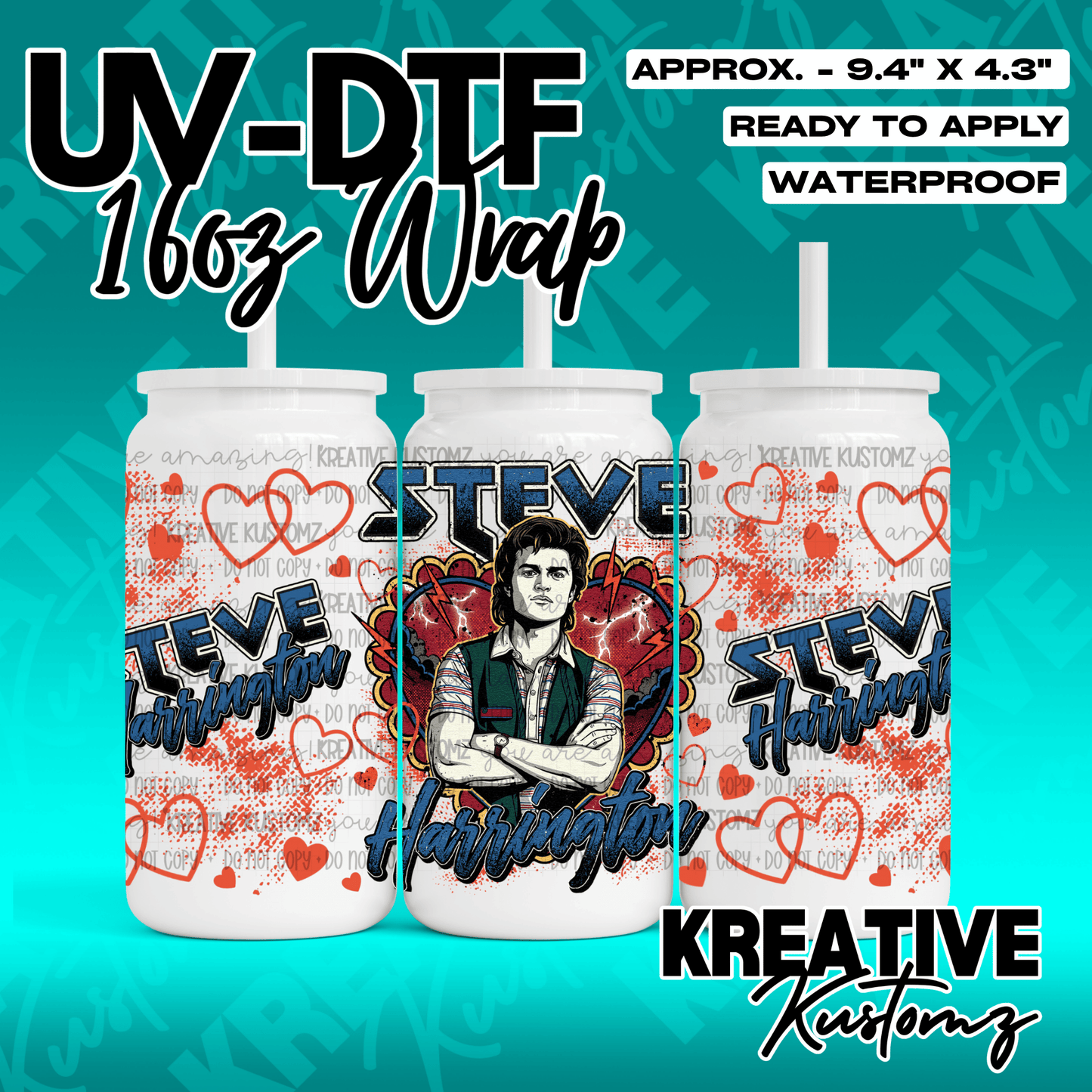 A UV DTF adhesive wrap for a 16oz glass can featuring Steve Harrington from Stranger Things.