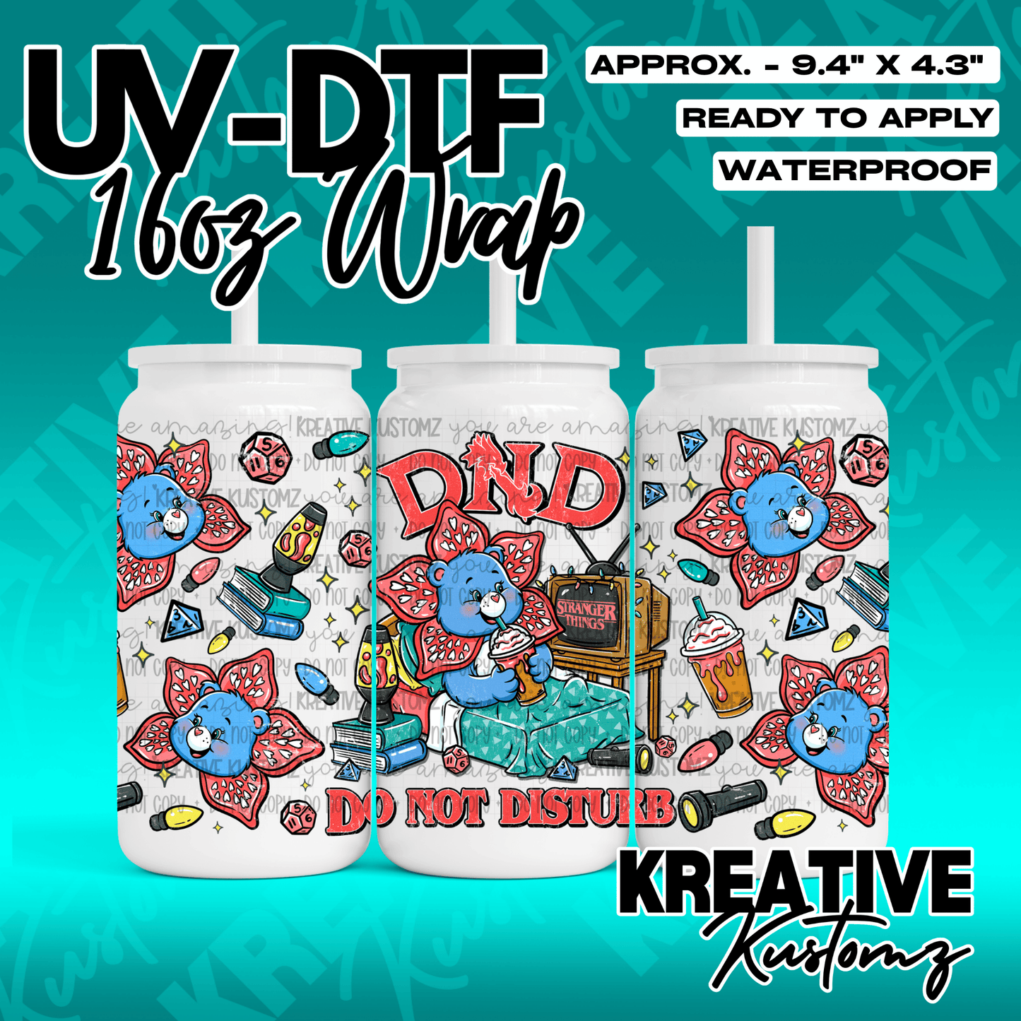 A Stranger Things themed UV DTF adhesive wrap for 16oz glass cans featuring a DND bear design.