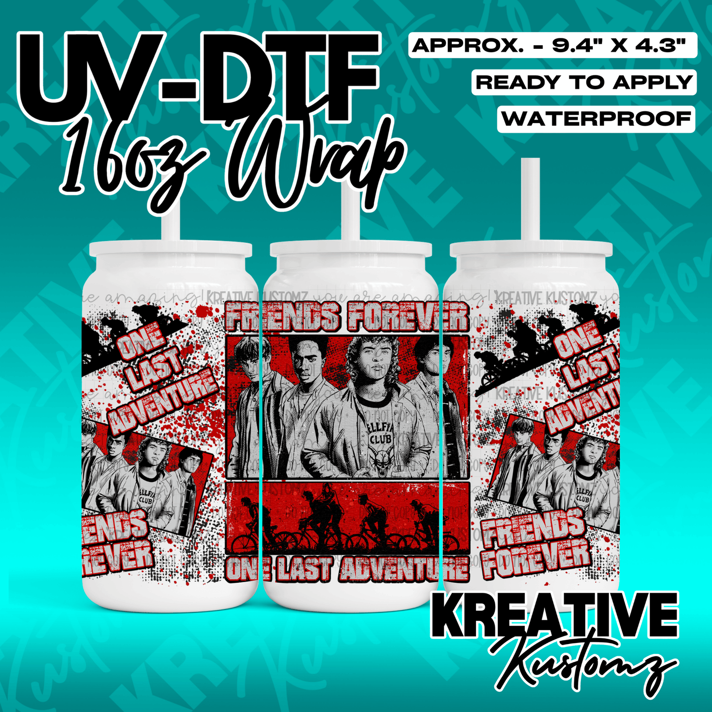 A Stranger Things themed UV DTF adhesive wrap for 16oz glass cans featuring character graphics.