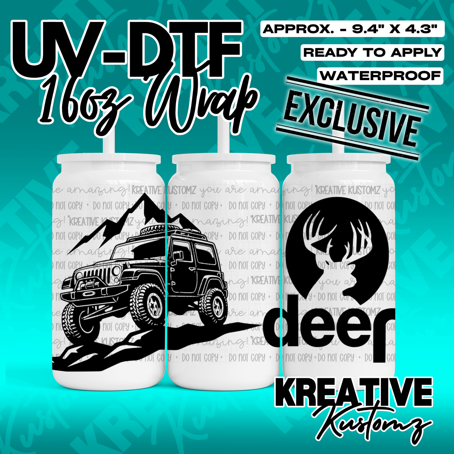 A black and white UV DTF cup wrap featuring a Jeep on a mountain and a deer silhouette.