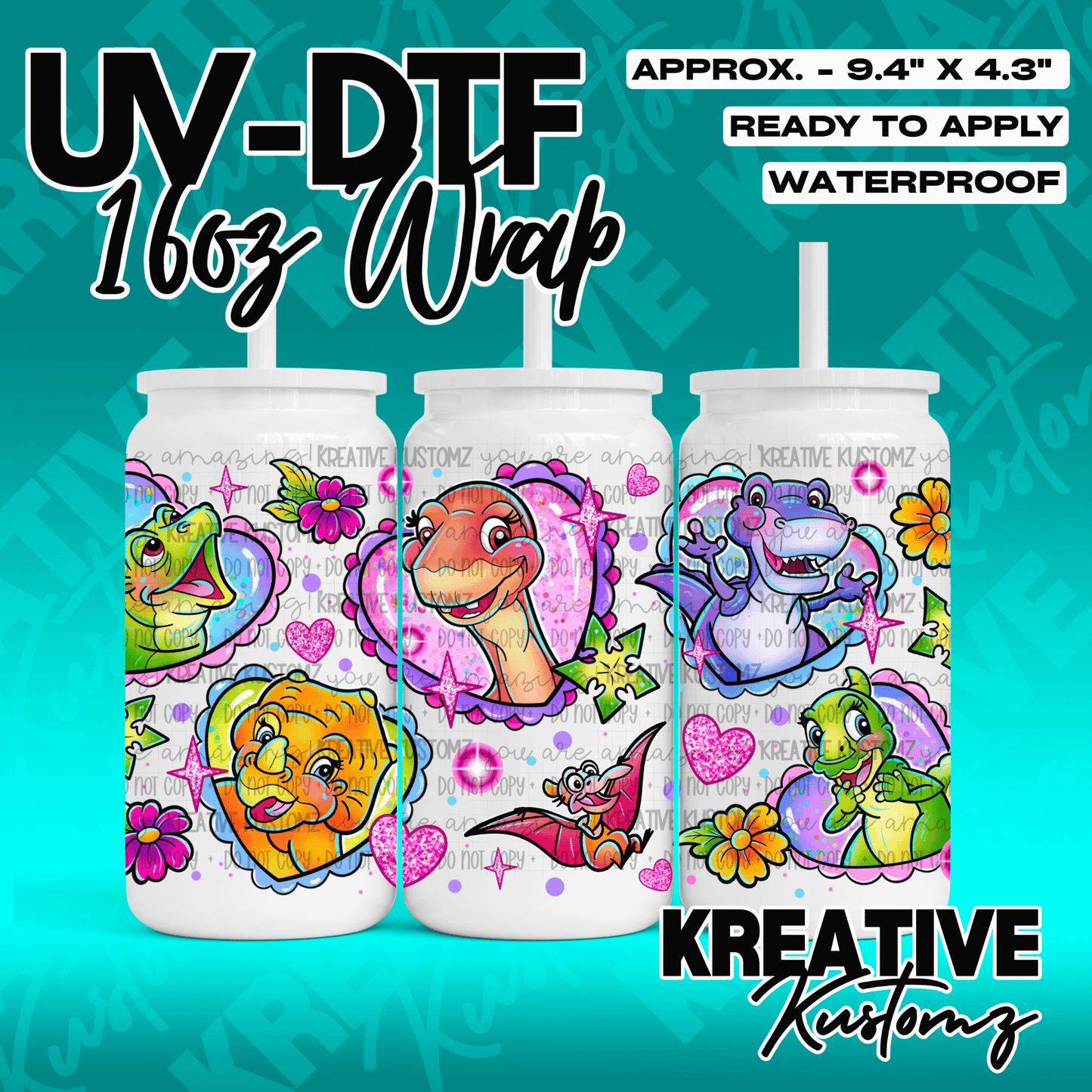 A UV DTF adhesive wrap for a 16oz glass cup featuring colorful cartoon dinosaur characters.