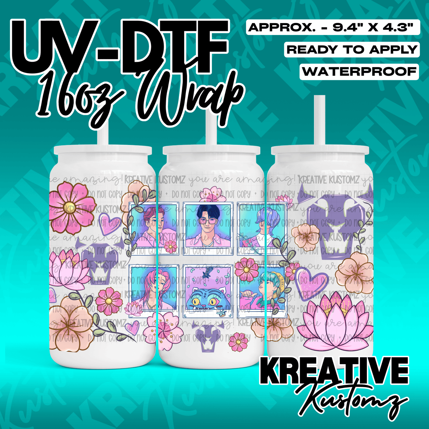 A UV DTF adhesive wrap for a 16oz glass cup featuring anime-style character portraits and flowers.
