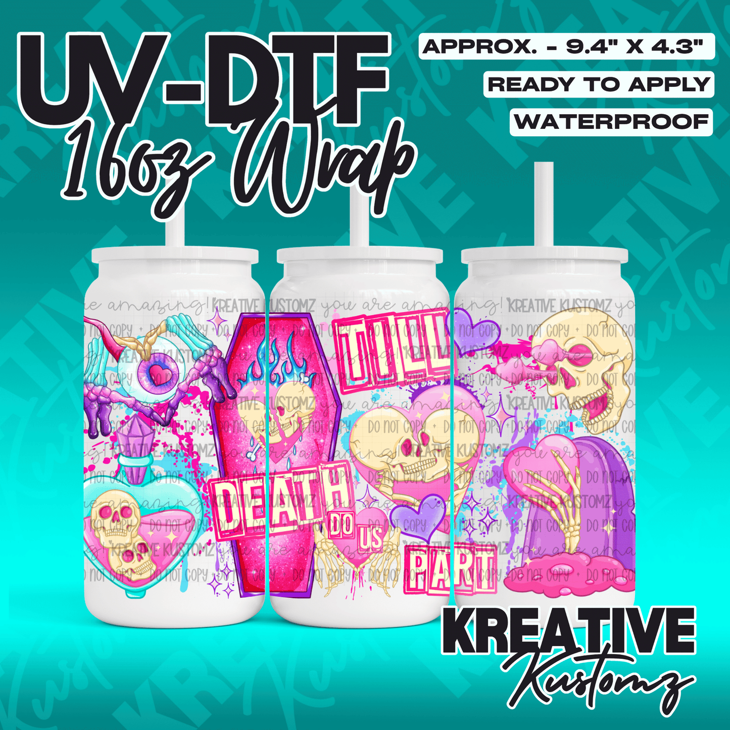 A UV DTF adhesive wrap for 16oz glass cans featuring a pink and blue skull and coffin design.