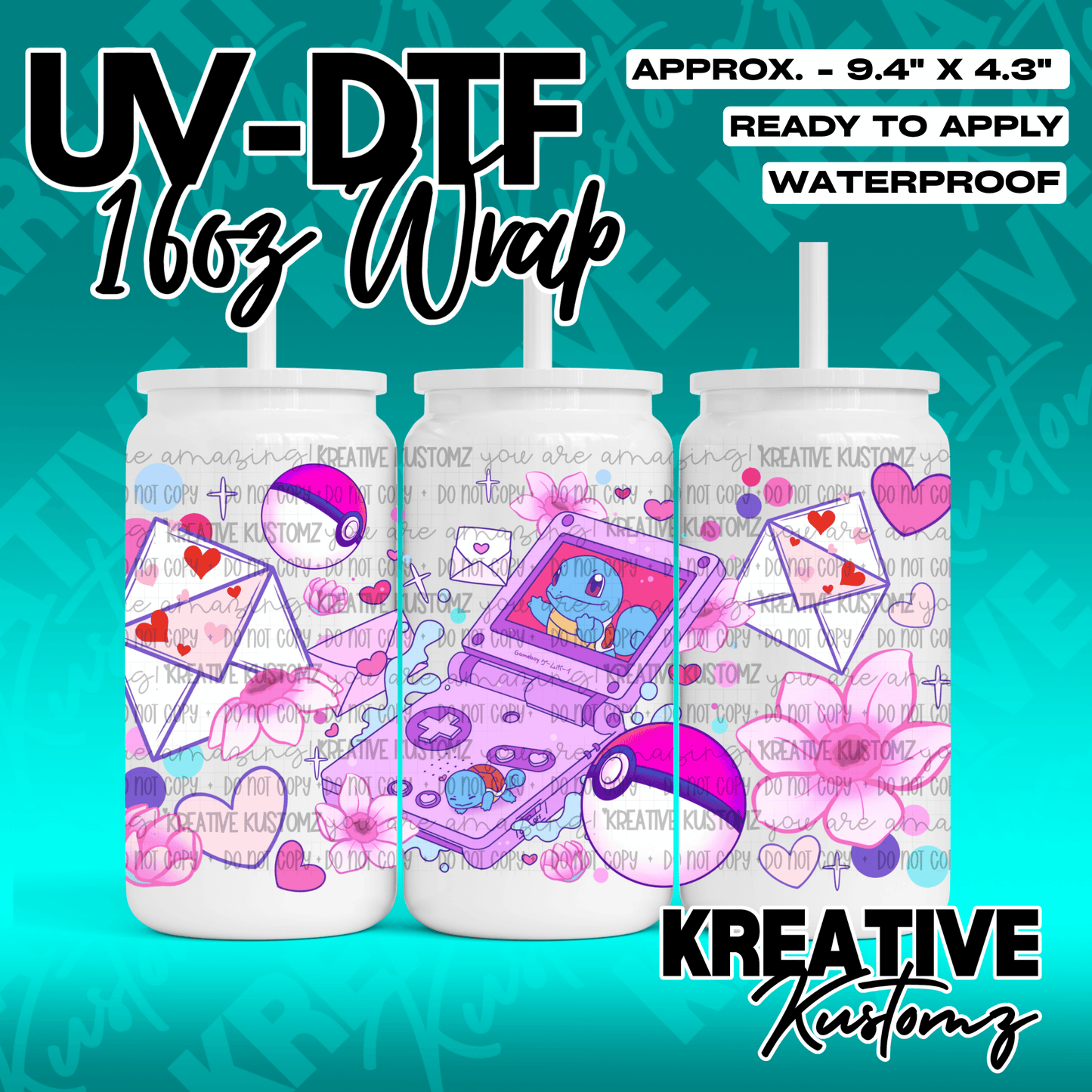 A UV DTF adhesive wrap for a 16oz glass cup featuring a pink Pokemon and gaming theme.