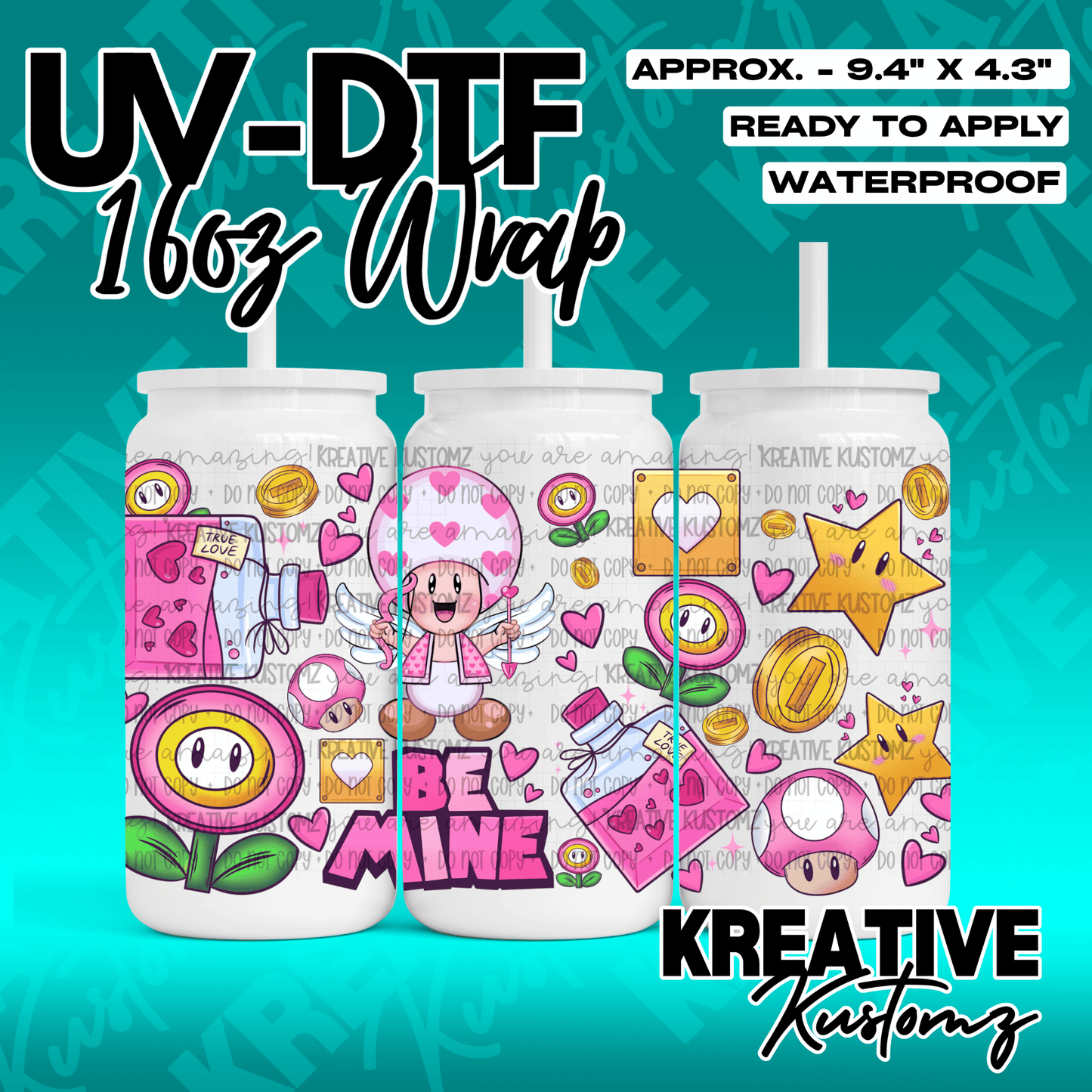 A floral UV DTF cup wrap featuring Toadette and Mario-themed icons for 16oz glass cans.