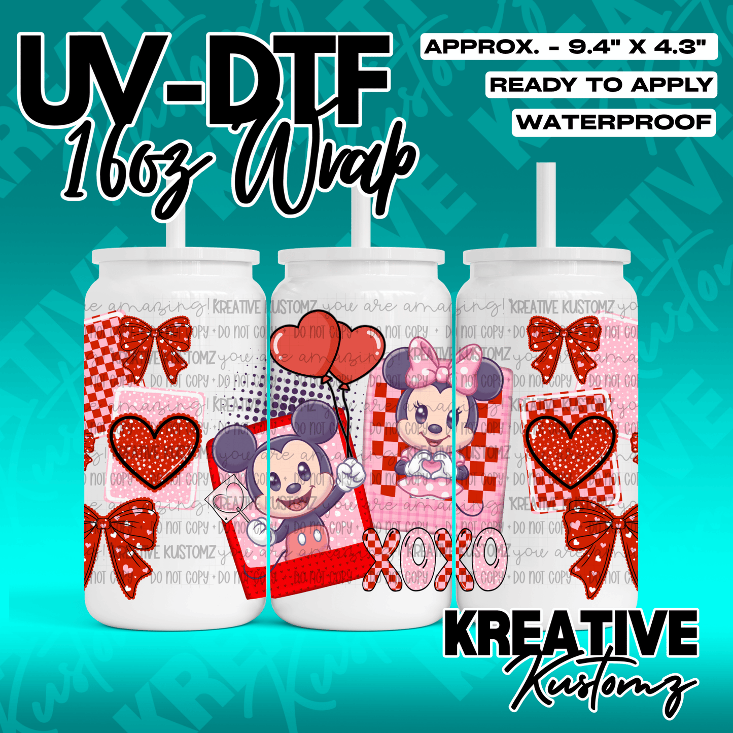 A Valentine themed UV DTF wrap for a 16oz glass cup featuring Mickey and Minnie Mouse.