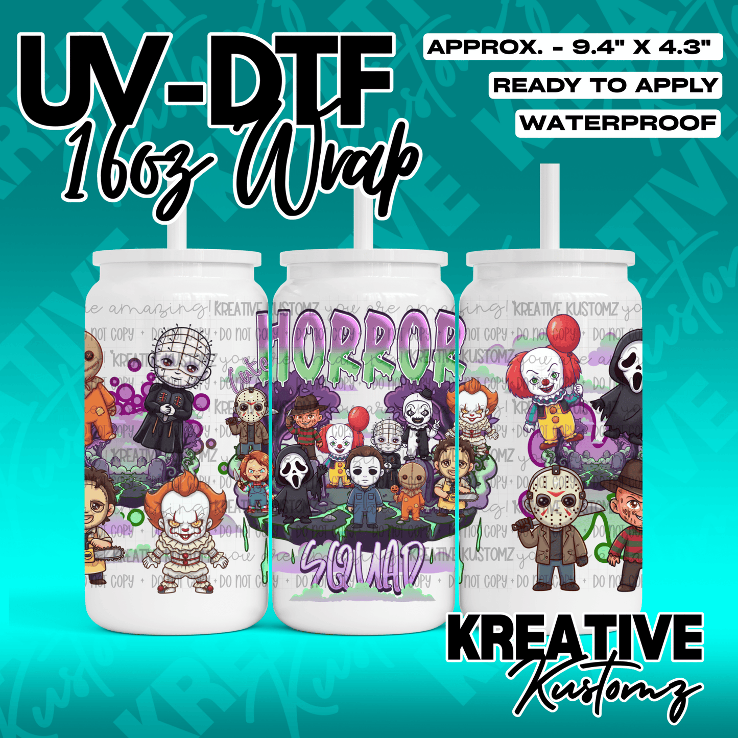 A 16oz UV DTF cup wrap featuring a cartoon horror character design on a white background.