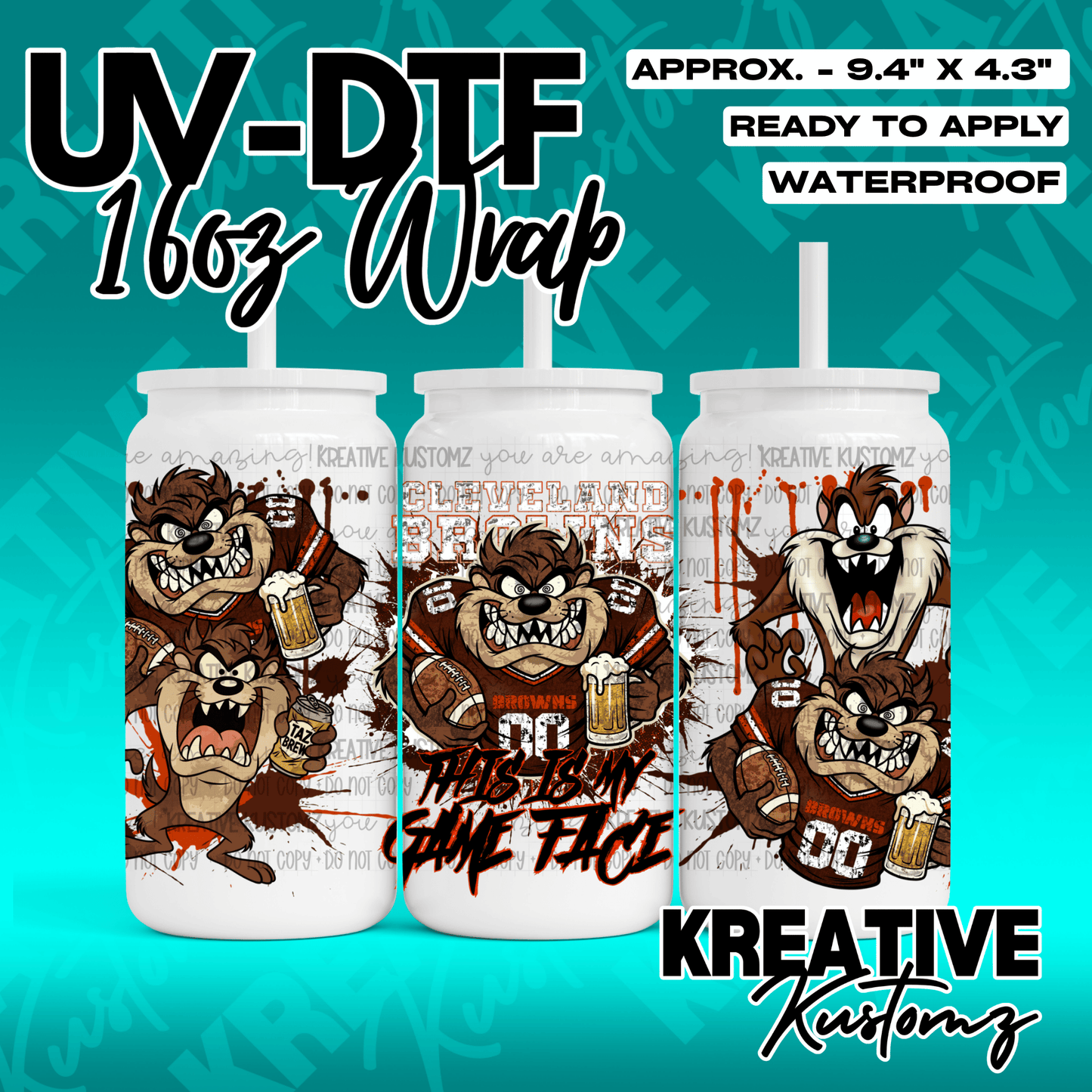 A UV DTF wrap for a 16oz glass can featuring Taz the Tasmanian Devil in Cleveland Browns gear.