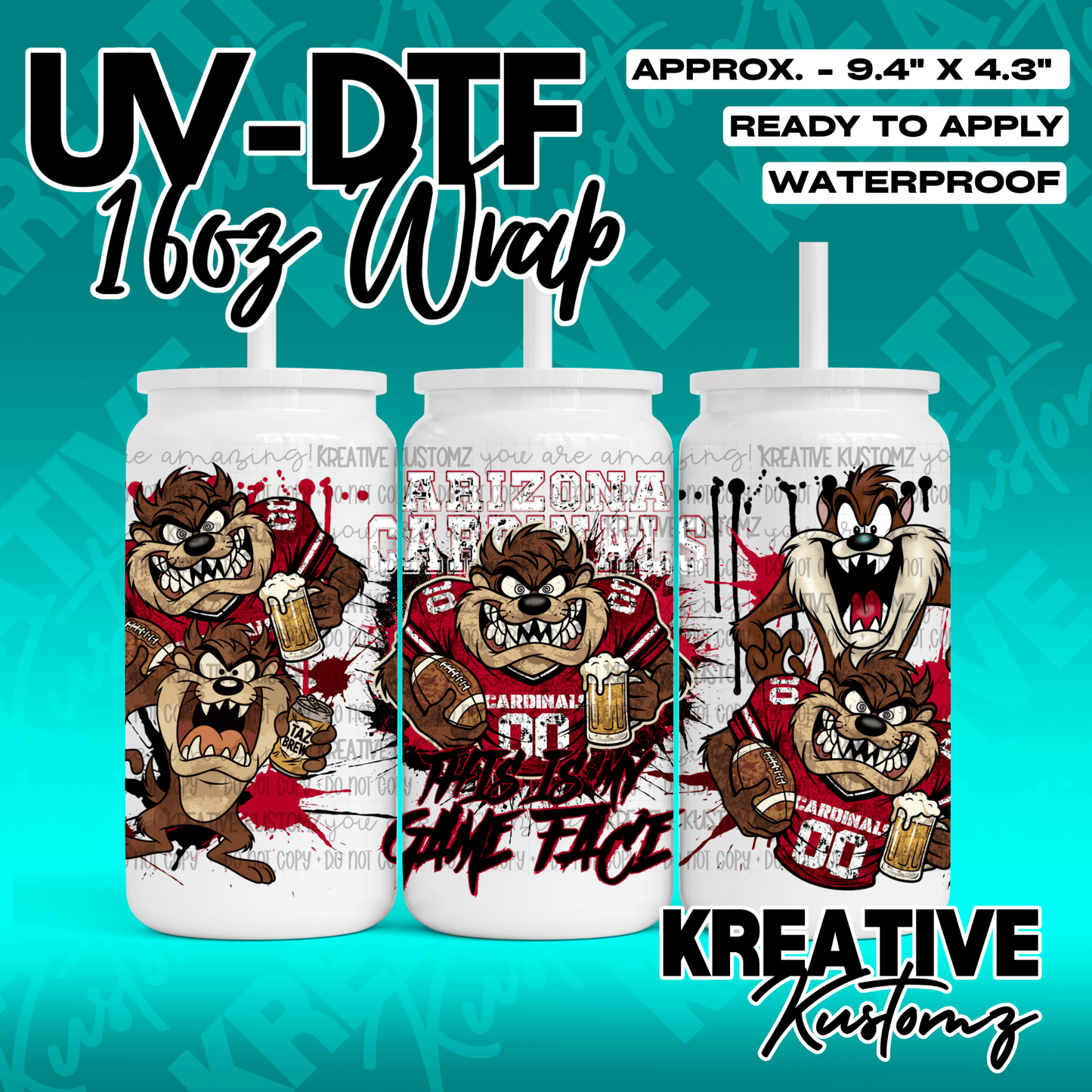 A UV DTF adhesive wrap for 16oz glass cans featuring Taz the Tasmanian Devil in football gear.