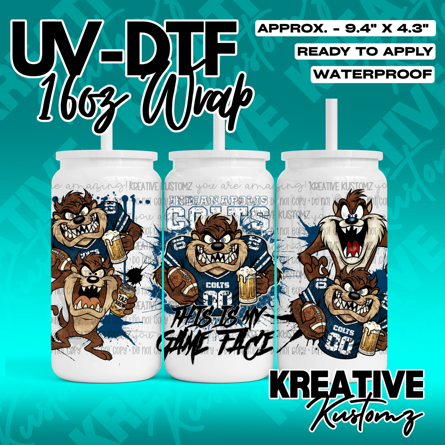 A UV DTF adhesive wrap for 16oz glass cans featuring Taz the Tasmanian Devil in Colts gear.