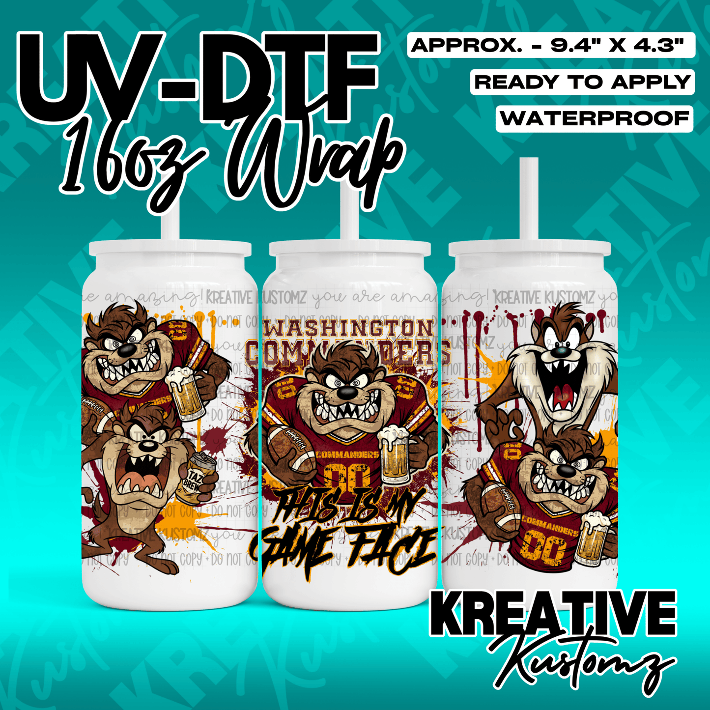 A UV DTF cup wrap featuring Taz the Tasmanian Devil in Washington Commanders football gear.