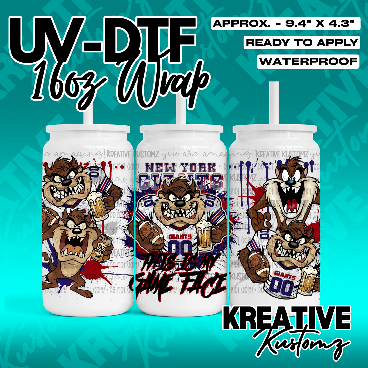 A UV DTF adhesive wrap for a 16oz glass cup featuring Taz the Tasmanian Devil in Giants gear.