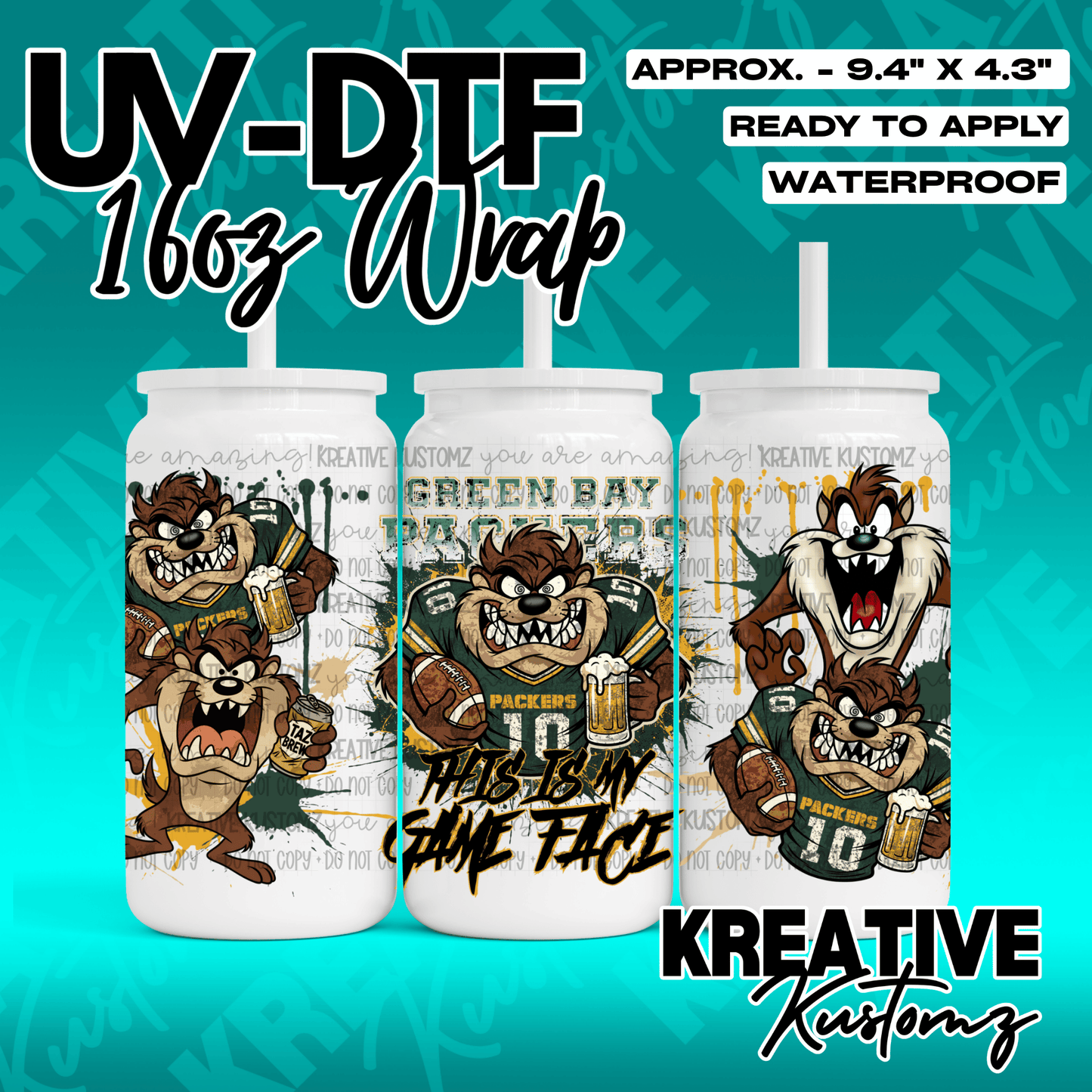 A UV DTF adhesive wrap for 16oz glass cans featuring Green Bay Packers themed Taz designs.