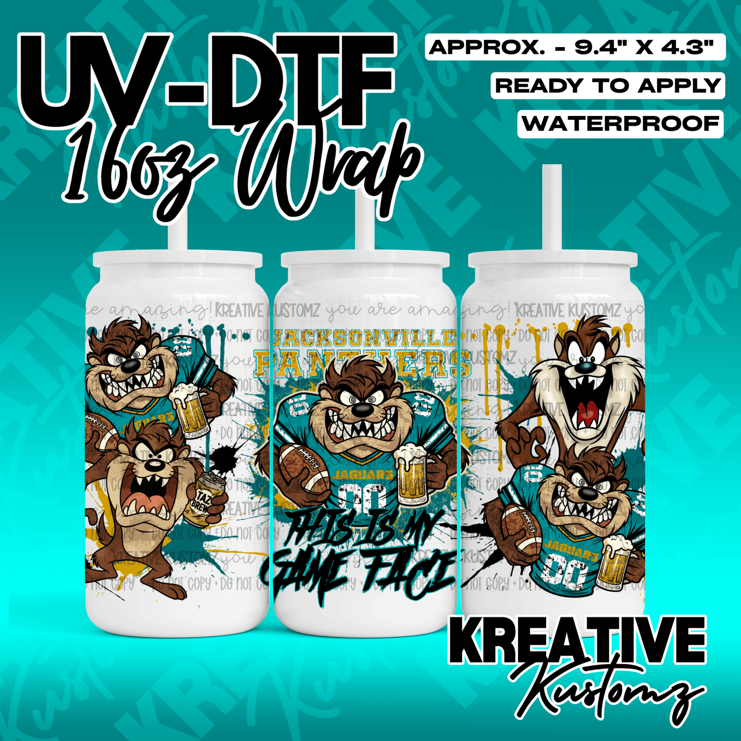 A UV DTF cup wrap featuring Taz the Tasmanian Devil in a football jersey on a teal background.