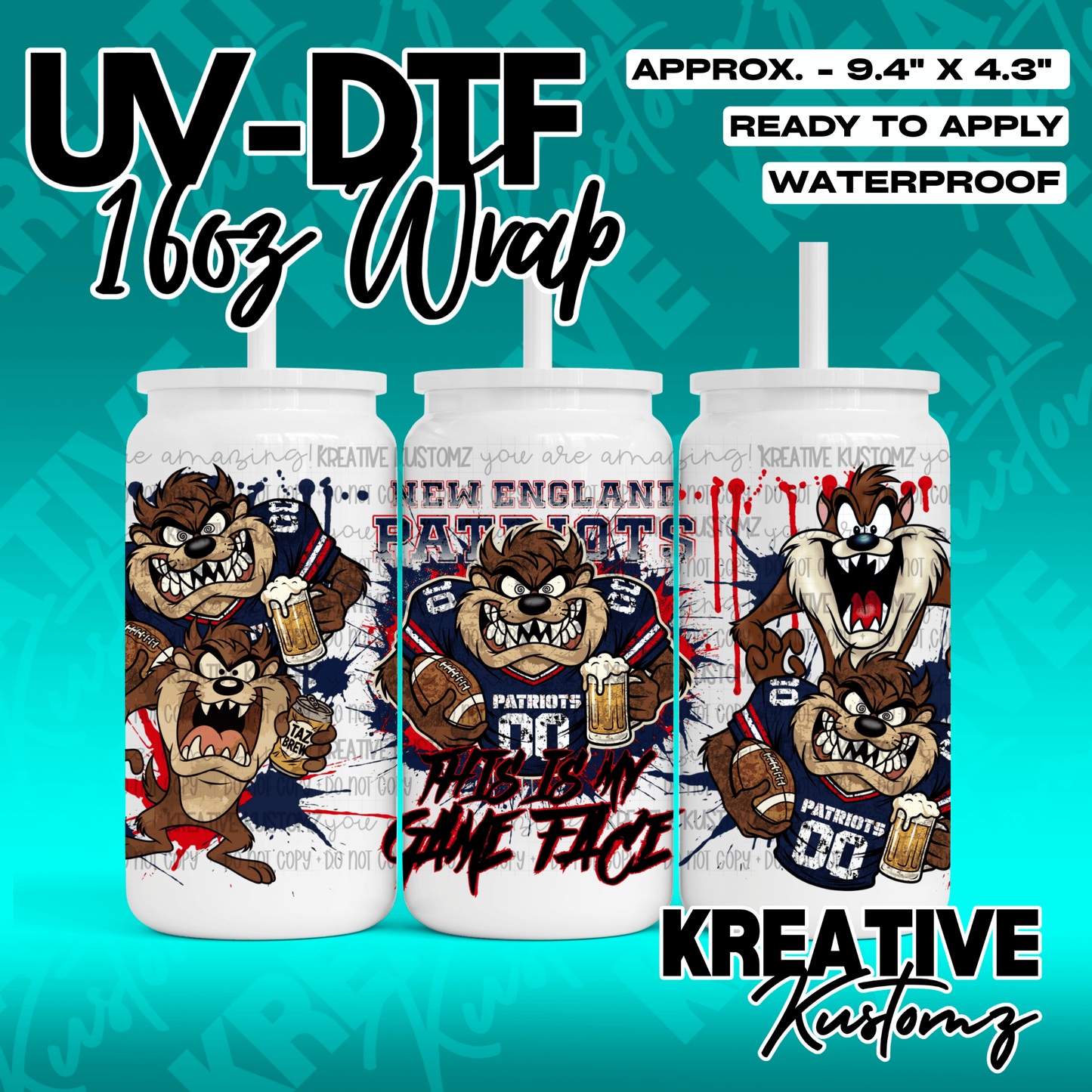 A UV DTF cup wrap featuring Taz the Tasmanian Devil in New England Patriots gear.