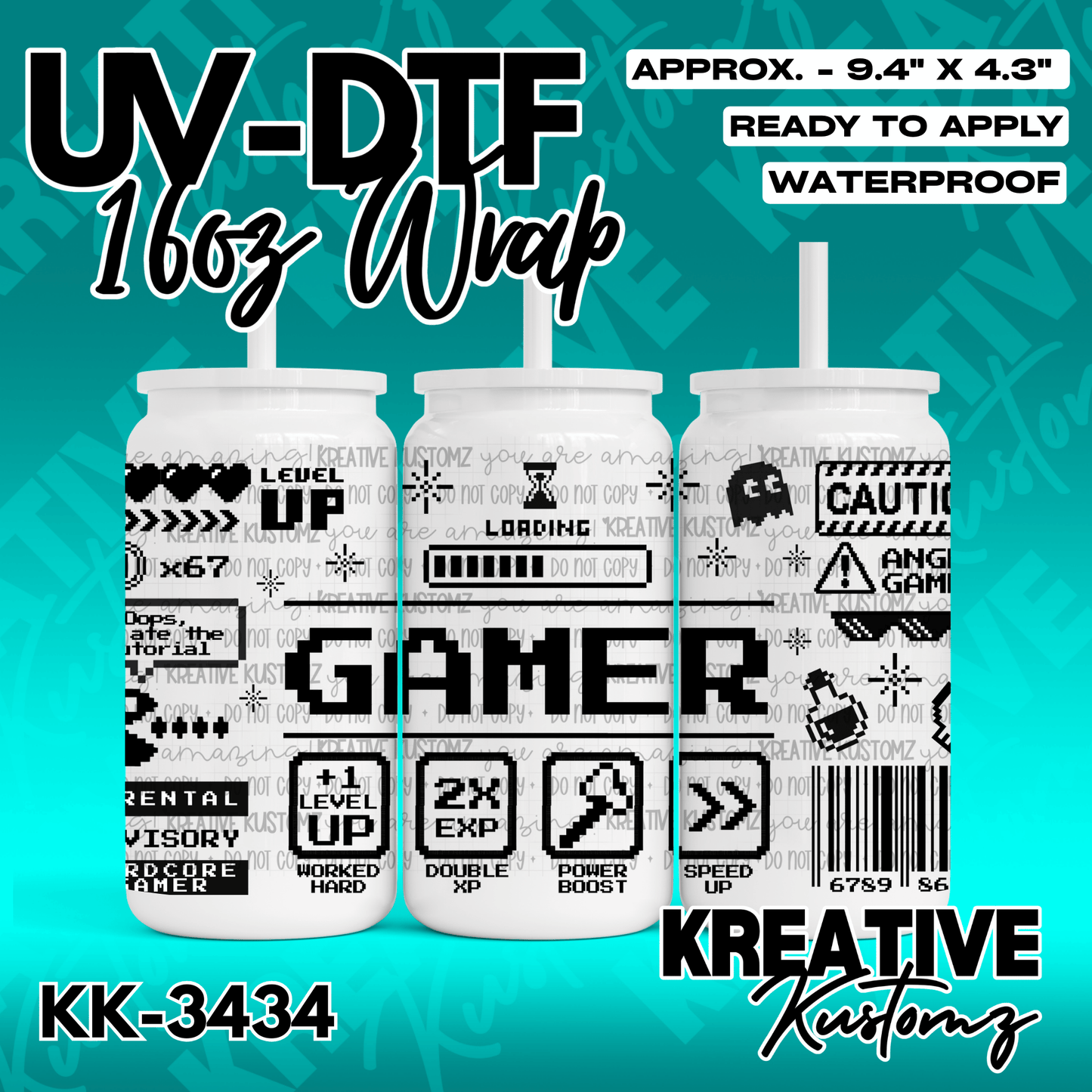 A black and white gamer themed UV DTF wrap for a 16oz glass can.