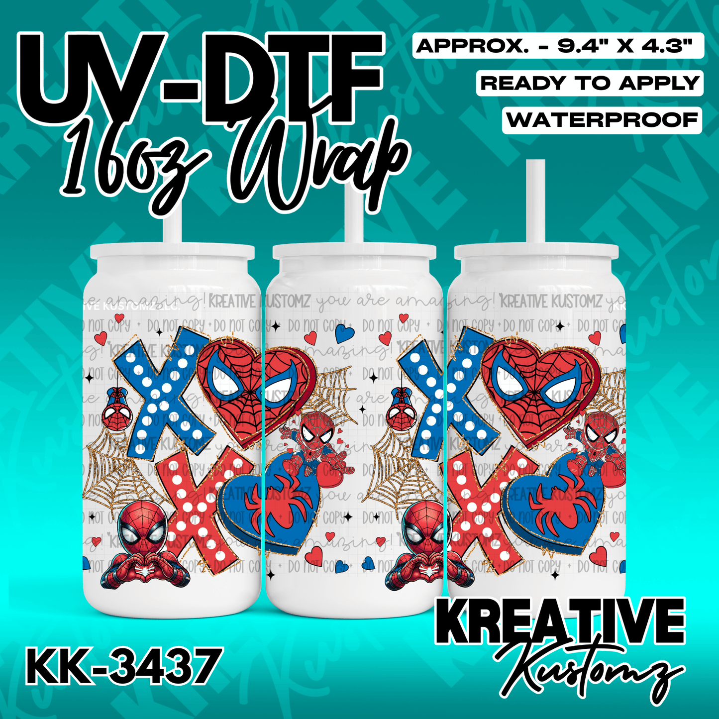 A Spider-Man themed UV DTF adhesive wrap for a 16oz glass cup featuring hearts and webs.