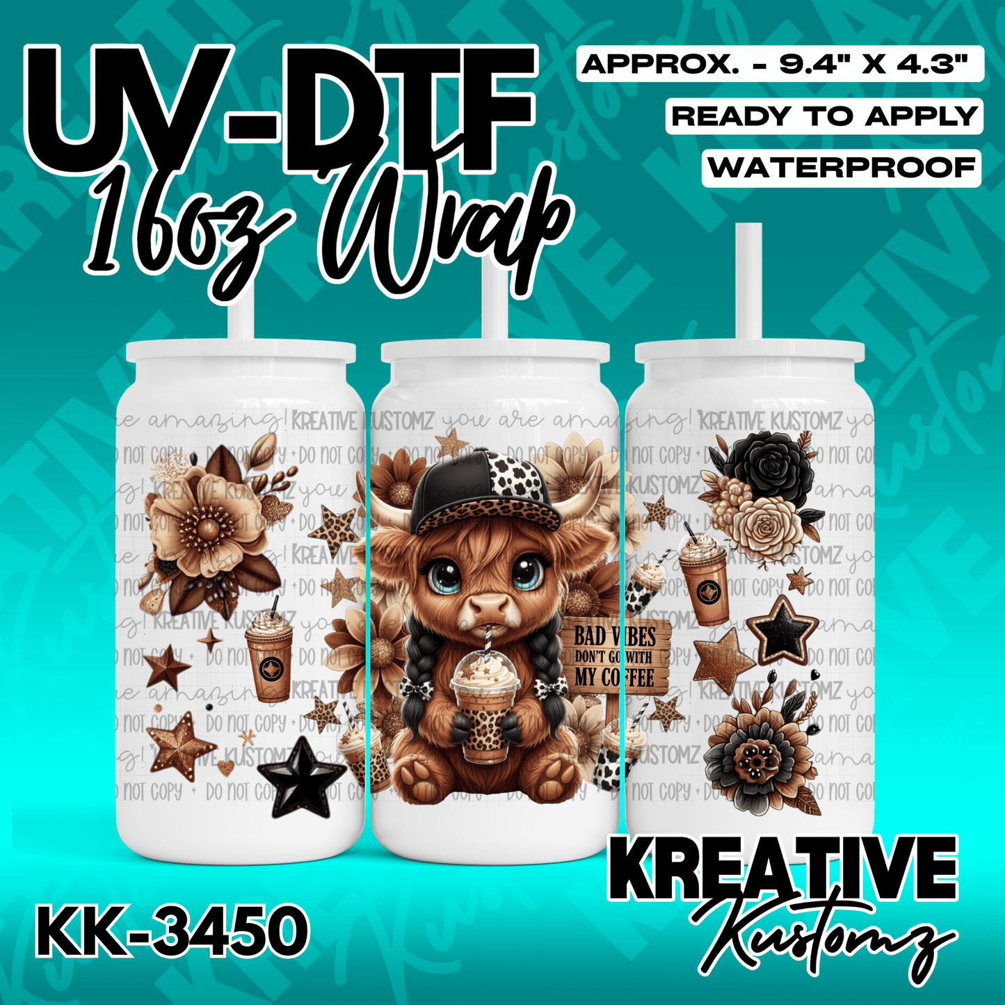 A UV DTF wrap for a 16oz glass cup featuring a highland cow, coffee, and floral designs.
