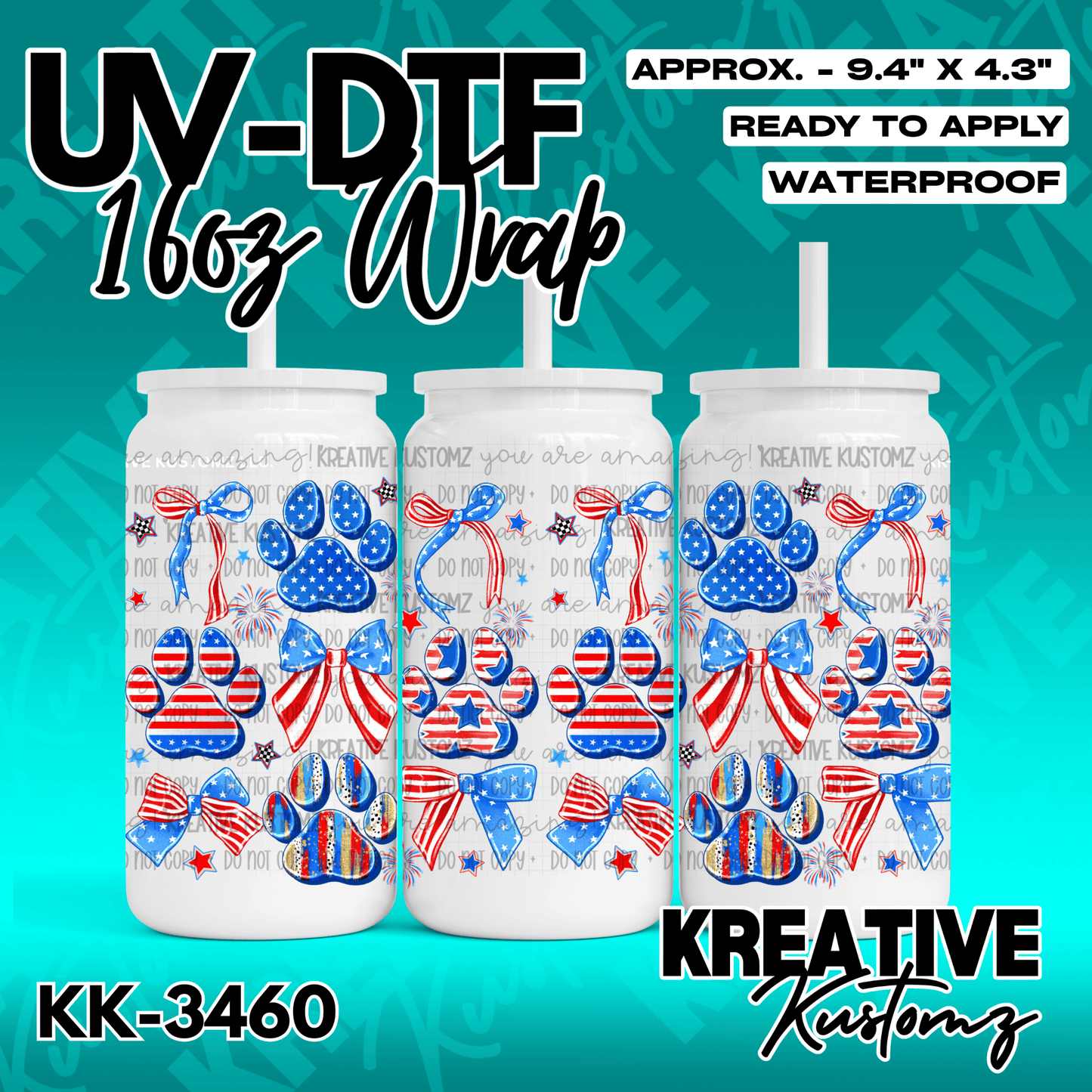 A patriotic cup wrap featuring red, white, and blue paw prints and bows for a glass can.
