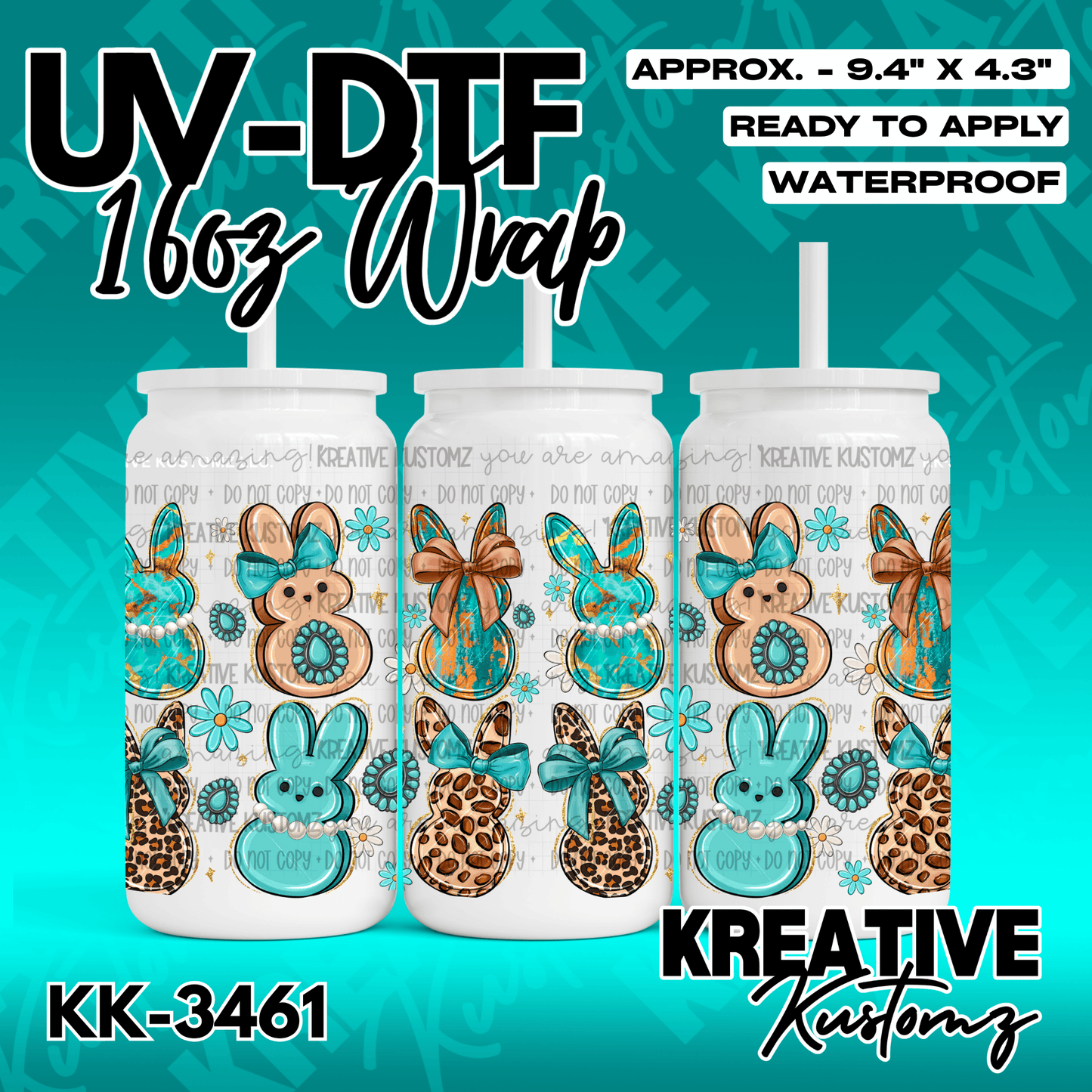 A UV DTF adhesive wrap for 16oz glass cans featuring a pattern of decorative Easter bunnies.