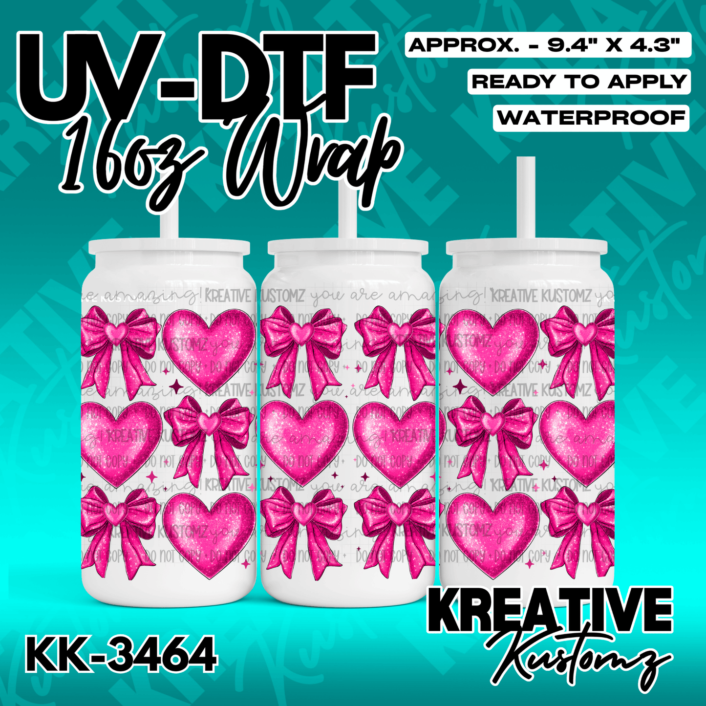 A UV DTF adhesive wrap for 16oz glass cans featuring a pattern of pink glitter hearts and bows.