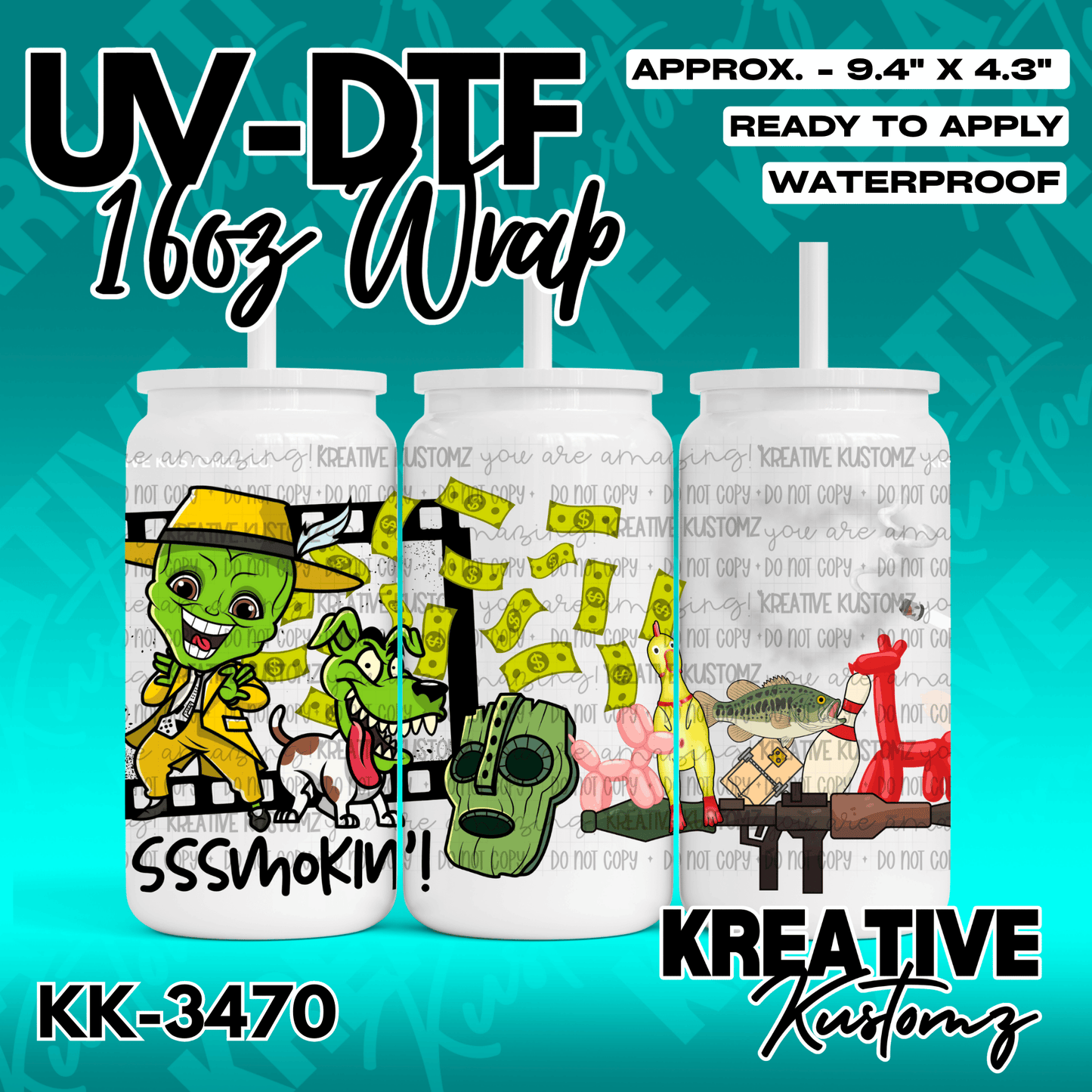 A UV DTF adhesive wrap for a 16oz glass can featuring The Mask movie characters and motifs.